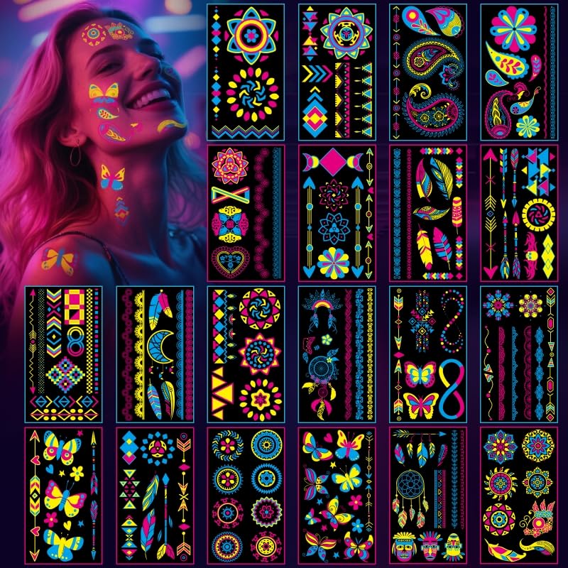160 PCS Glow in The Dark Temporary Tattoos - Neon UV Blacklight Reactive Light Face Flash Tattoo Stickers,Festival Accessory Party Favors Supplies,Temp Great for EDM EDC Party Rave Parties 20 Sheet