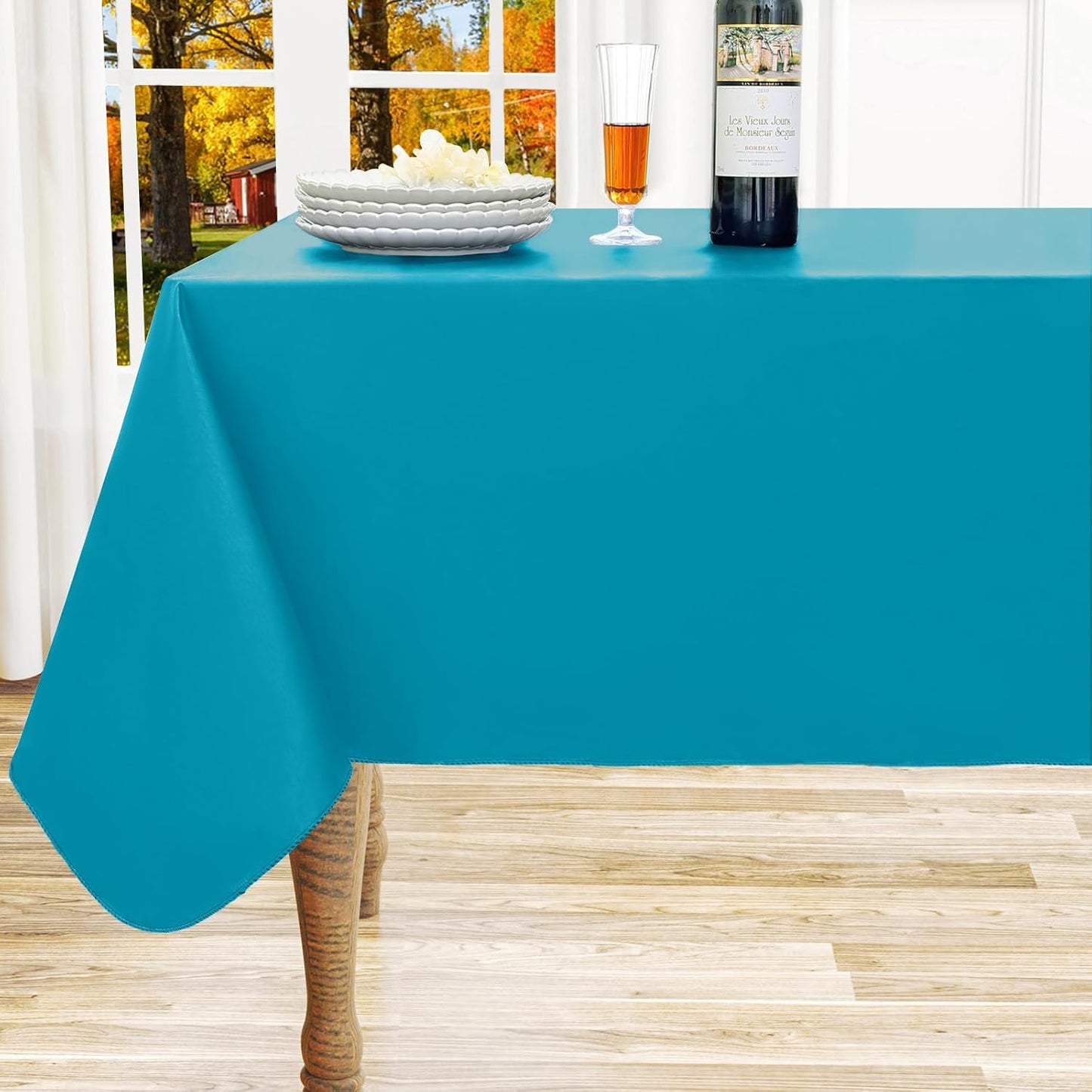 homing Square Vinyl Tablecloth, Waterproof Spillproof Plastic Flannel Backed Table Cloth, Wipe Clean Table Cover for Dining, Buffet Parties and Camping (Turquoise, 60" x 60")