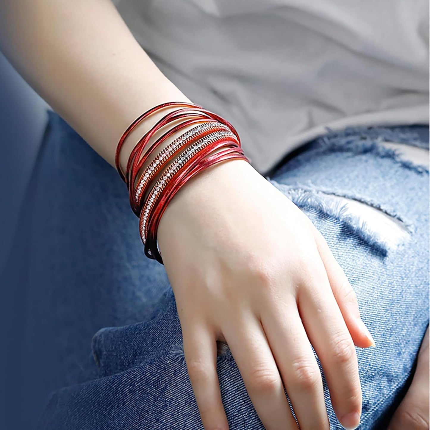 Fesciory Leather Wrap Bracelets for Women, Boho Leopard Multi-Layer Crystal Beads Cuff Bracelet Jewelry