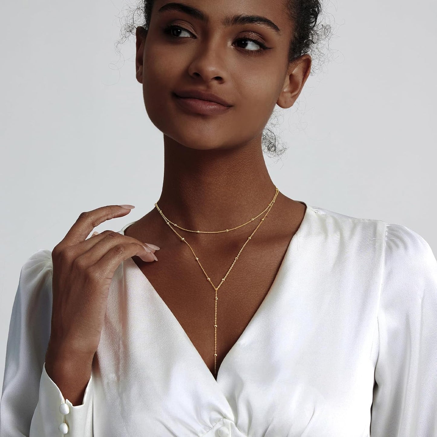 Luxval Lariat Gold Necklace for Women, Dainty Long Necklace 14k Gold Plated/Silver Y-Shaped Pendant Necklaces Trendy Beaded Chain Drop Necklaces Jewelry for Women Gifts