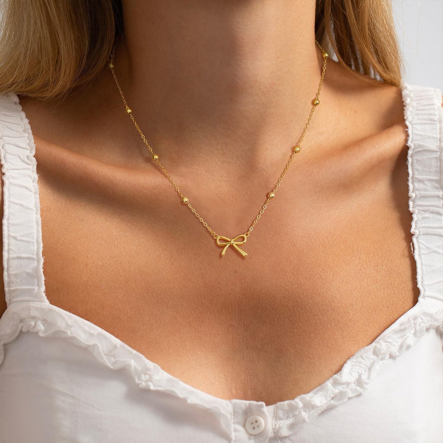 Stocking Stuffers for Women Dainty Bow Necklace 14K Gold Plated Cute Choker Small Pendant Charm Necklaces Teen Gift Trendy Stuff Personalized Jewelry Christmas Gifts