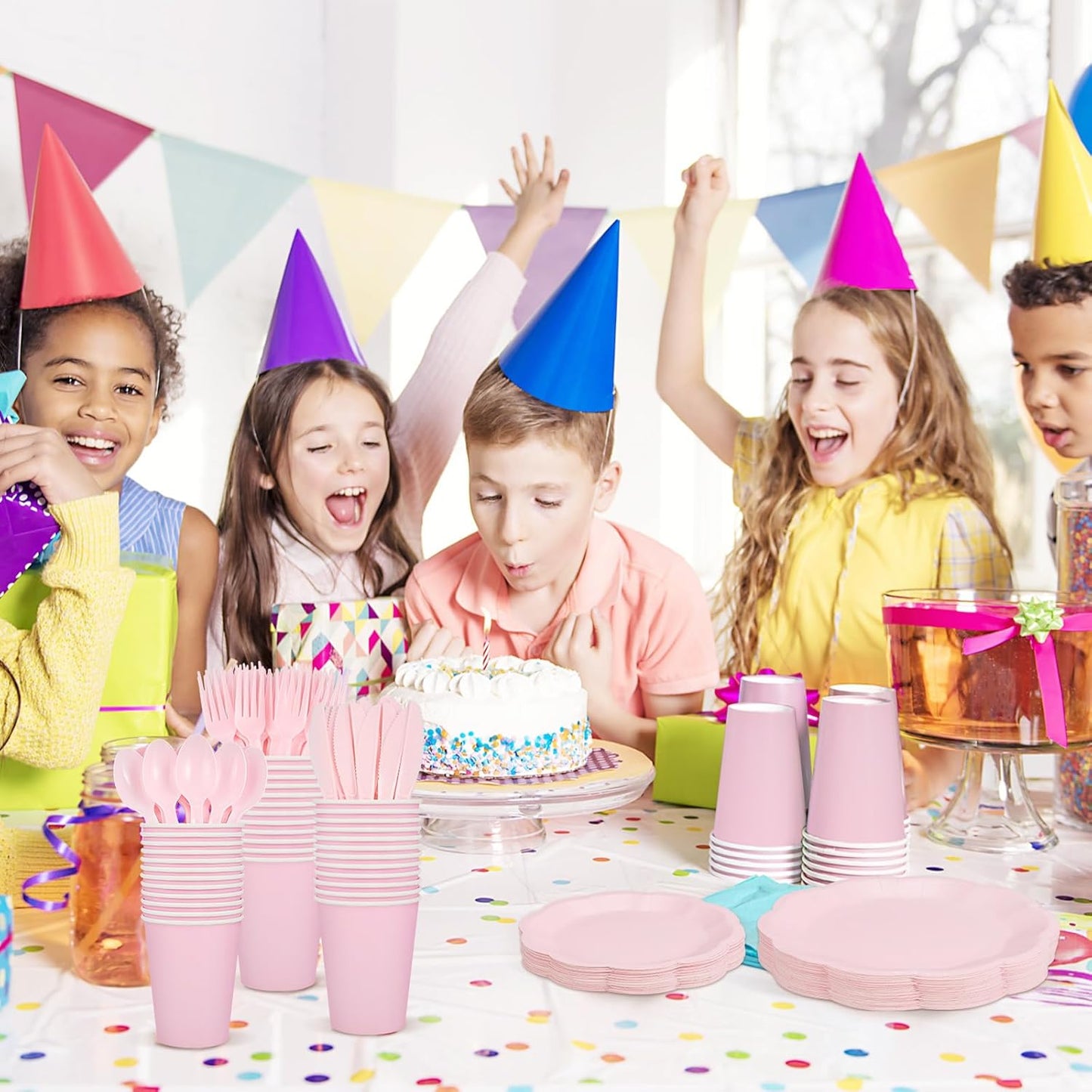 350 Pcs Pink Party Supplies Include Scalloped Plate Napkin Cup Forks Knives, Plastic Cutlery 50 Guest Disposable Party Tableware Set for Wedding Baby Shower Bridal Shower Birthday Parties