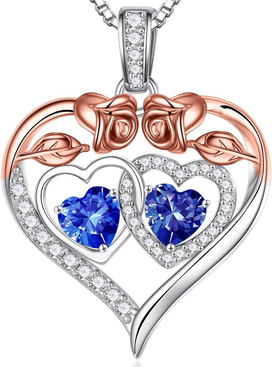 Iefil Double Birthstone Necklace Gifts for Wife Girlfriend Her Women, Birthstone Jewelry Gemstone Valentines Birthday Gifts for Her Women Wife Mom Grandma