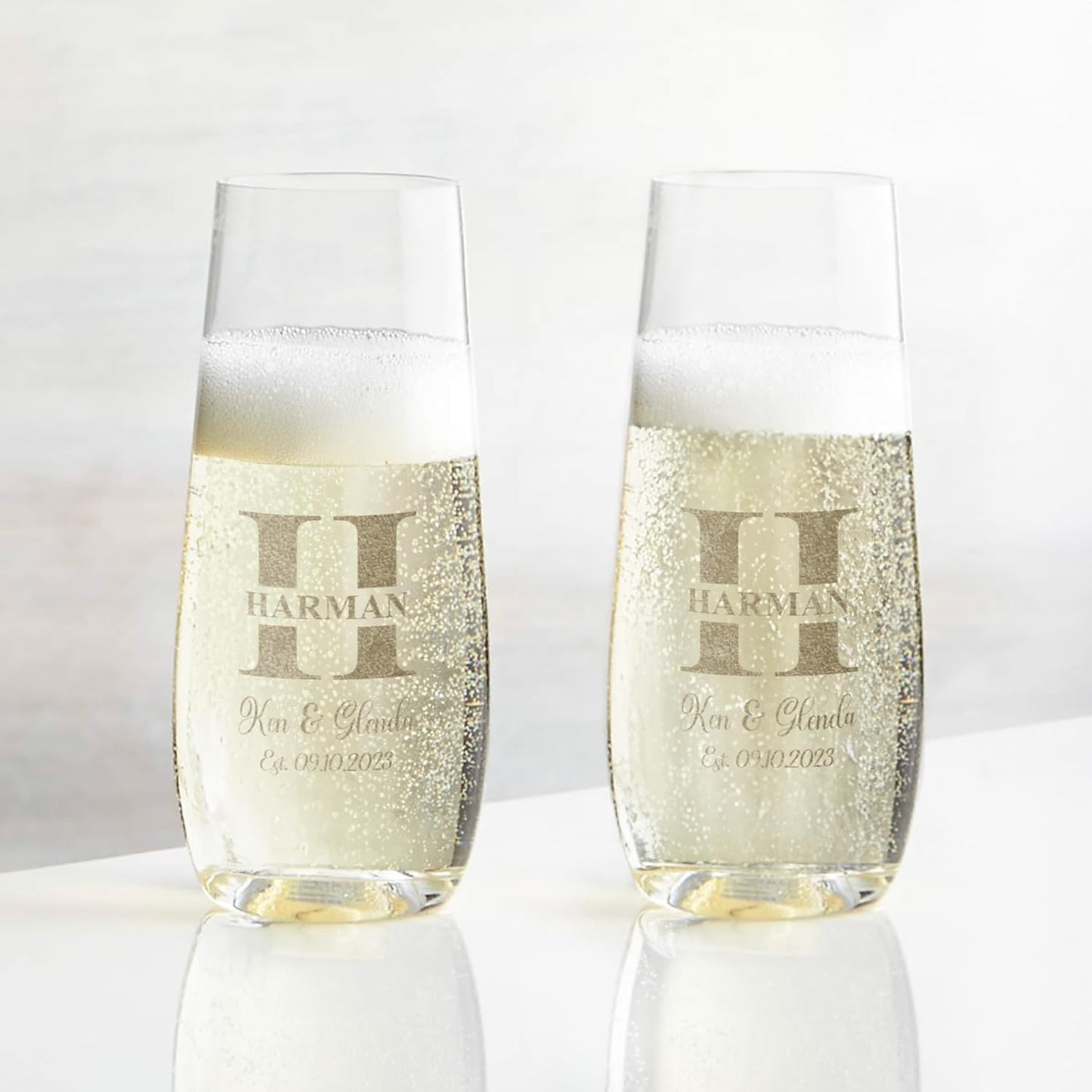 Gifts Inscribed Personalized Champagne Glasses Set of 2 – Custom Stemless Flutes – Laser Engraved Wedding, Anniversary, Engagement, or Bridal Party Gift