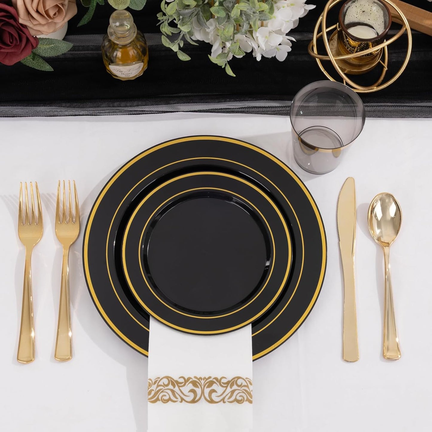 Supernal 800PCS Black and Gold Disposable Dinnerware Set Include 100 Dinner Plates&100 Dessert Plates,100 Knives,200Forks,100Spoons,100Cups,100Napkins for Party&Birthday