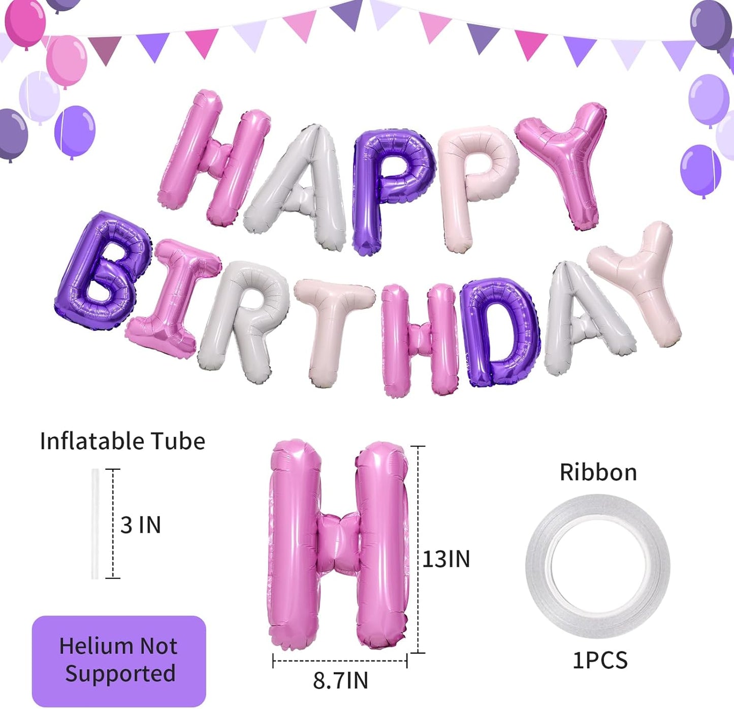 Purple Pink Happy Birthday Balloon Banner, 16 Inch Foil Mylar Happy Birthday Balloons Letters, Reusable Happy Birthday Sign, Pink and Purple Birthday Decorations for Women and Girls