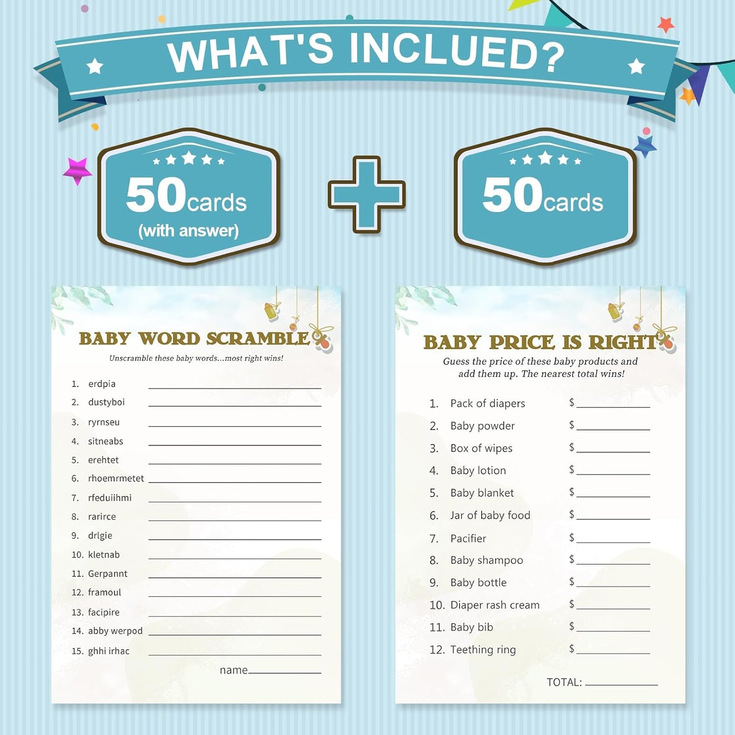 Baby Shower Games for Boy or Girl-2 Games(50 of Each),Baby Shower Word Scramble Game&Price is Right,Double-Sided,Fun,Hilarious,and Easy to Play,Gender Neutral,With Answer Keys