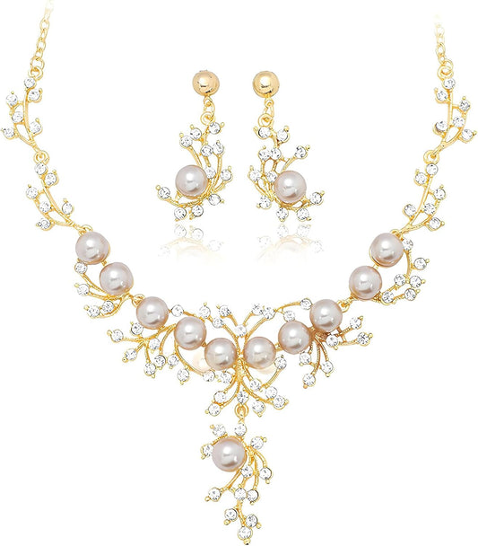 Jewelry Set for Women, Pearl Necklace Dangle Earrings Set Allergy Free Wedding Party Jewelry for Bridal Bridesmaid
