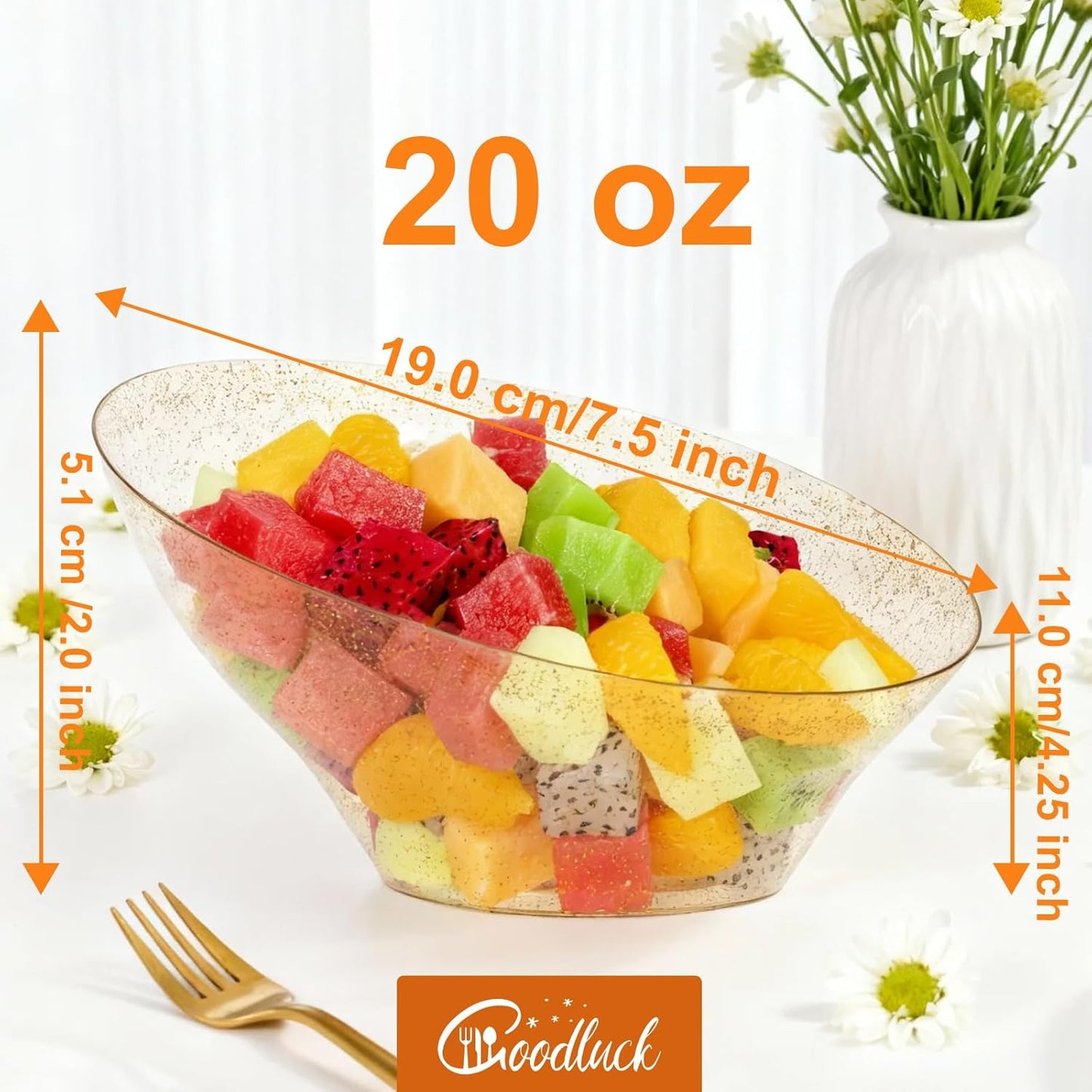 Goodluck 5 Pack Gold Glitter Plastic Serving Bowls for Party - 20 OZ Angled Disposable Serving Bowls for Wedding Party Chip, Candy, Salad & Fruit