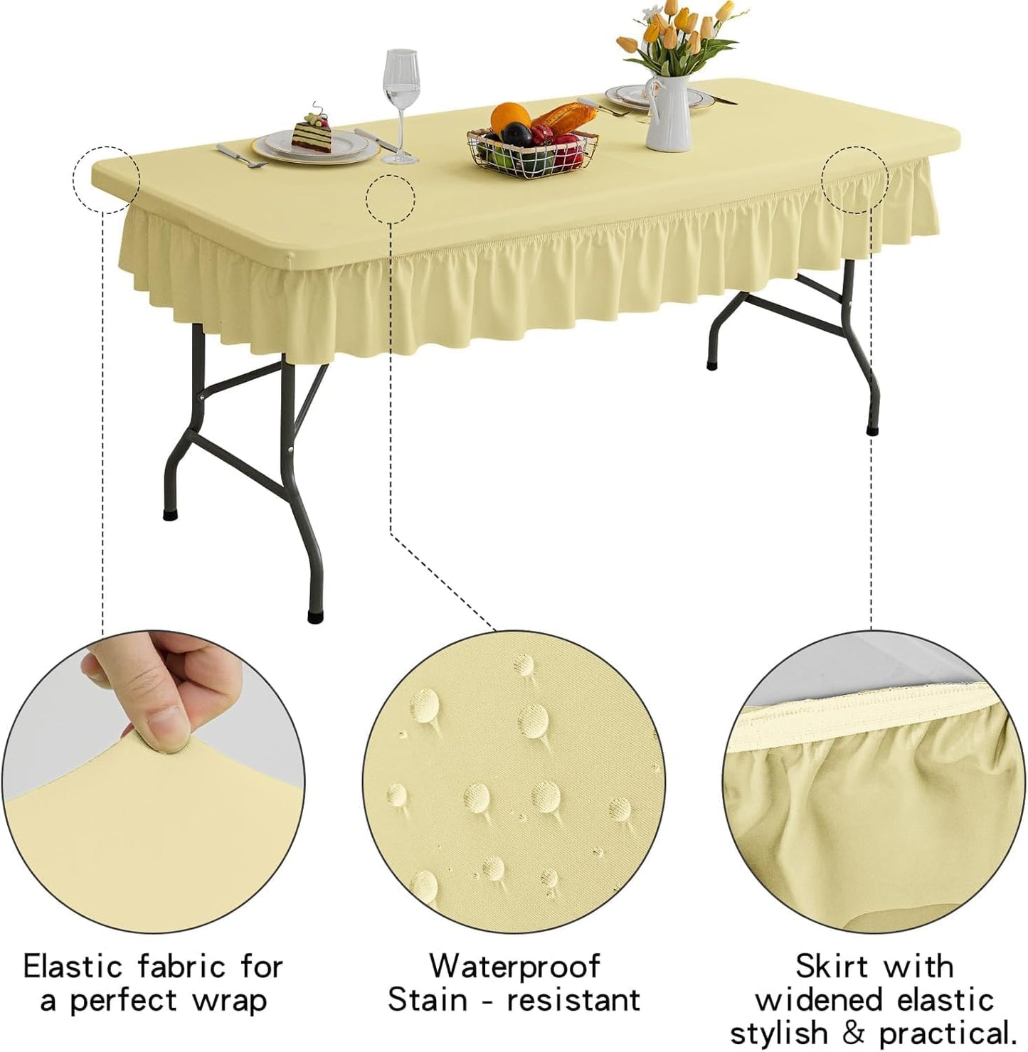 4ft Faint Yellow Stretch Tablecloth for Rectangular Tables - Flared Wrap Design, Waterproof, Wrinkle-Resistant, Washable - Ideal for Weddings, Parties, Banquets & Table Protection