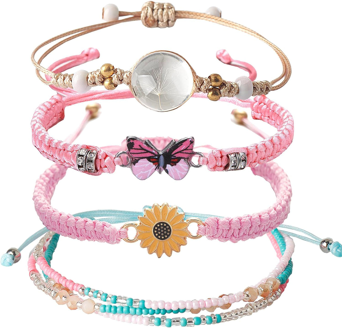 DS 4PCS String beads Charm Bracelets for Teen Girls Dainty cute cartoon Butterfly Daisy Eternal flower Beads Bracelets set for woman and girls Adjustable Stretch bracelet birthday Gift For Friends