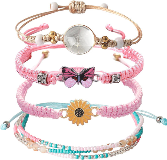 DS 4PCS String beads Charm Bracelets for Teen Girls Dainty cute cartoon Butterfly Daisy Eternal flower Beads Bracelets set for woman and girls Adjustable Stretch bracelet birthday Gift For Friends
