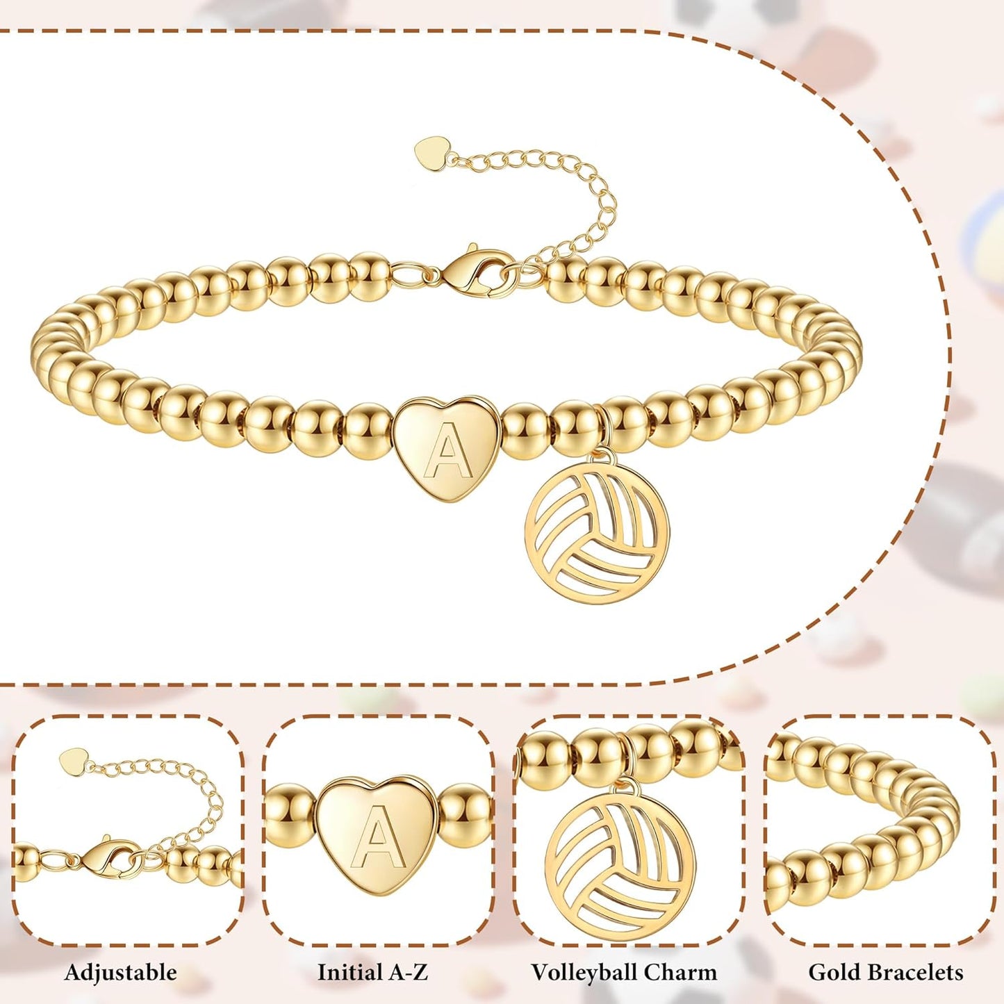 Volleyball Stuff, Volleyball Gifts Stocking Stuffers for Teens Initial Bracelet Adjustable Letter A-Z Gold Beaded Bracelets for Women Heart Link Valentines Day Gift Basket Christmas Graduation Jewelry
