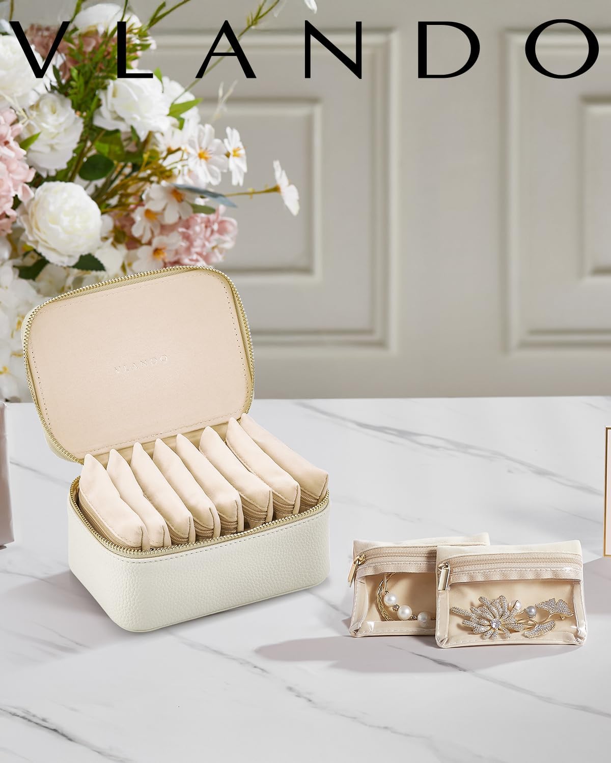 Vlando Travel Jewelry Organizer,PU Leather Jewelry Case Box for Travelers with 8 Pcs Claer Velvet Jewelry Bags Wedding Gifts for Women-White