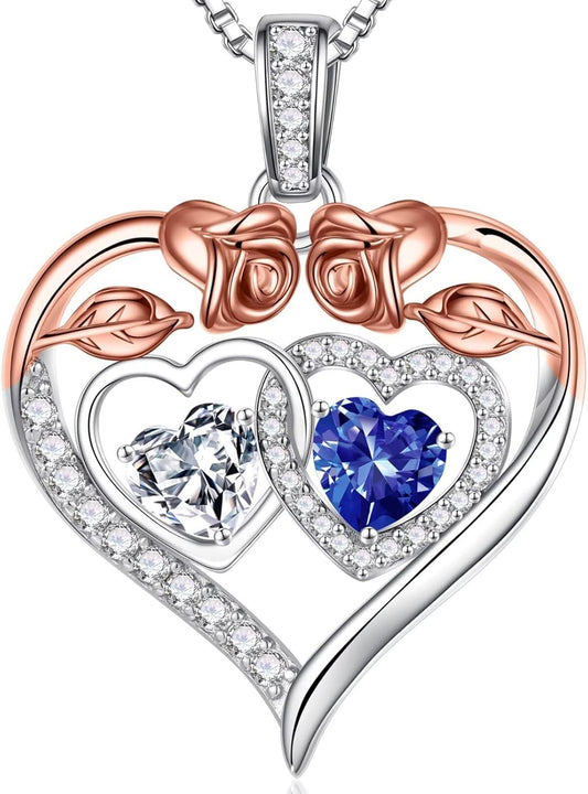 Iefil Double Birthstone Necklace Gifts for Wife Girlfriend Her Women, Birthstone Jewelry Gemstone Valentines Birthday Gifts for Her Women Wife Mom Grandma