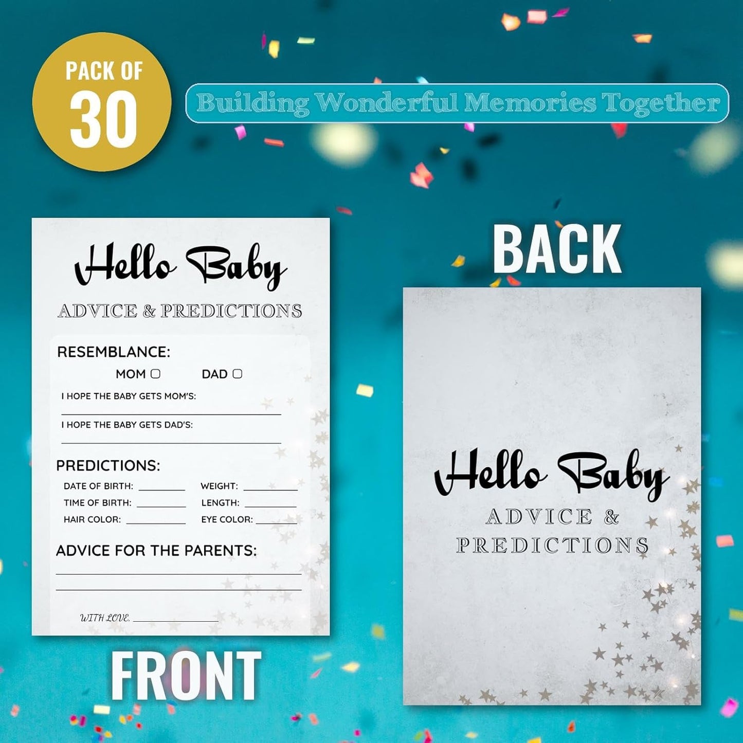 Baby Shower Advice Predictions Resemblance Cards - 30 Player Party Games - Minimalist Light Gray Stars Design - Ready to Play Family Friend 5x7 Inch (Predictions)