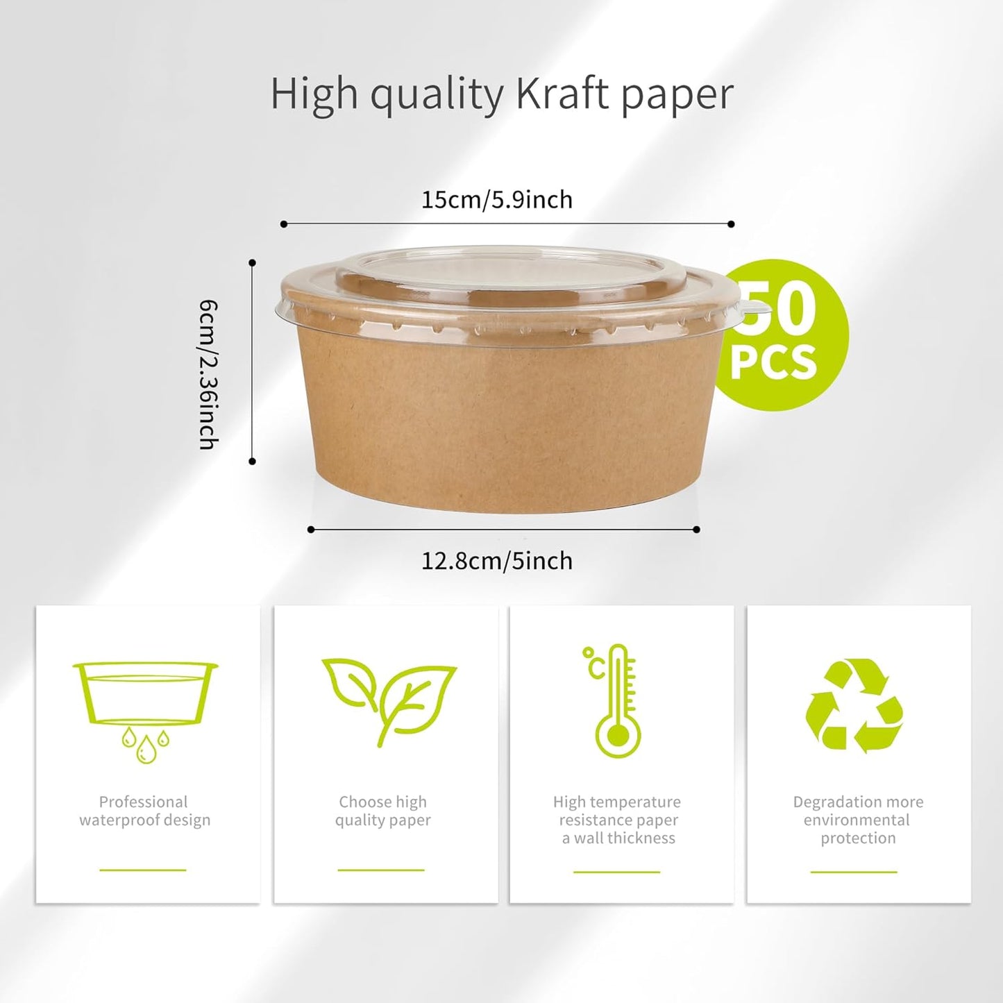 50 Pack 25 oz Paper Bowls with Lids, Disposable Soup Bowls, Heavy-Duty Salad Bowls, in Food Grade Kraft Paper Made, Eco-Friendly Durable No Leakage for Camping, Food Party Dessert Serving Bowls