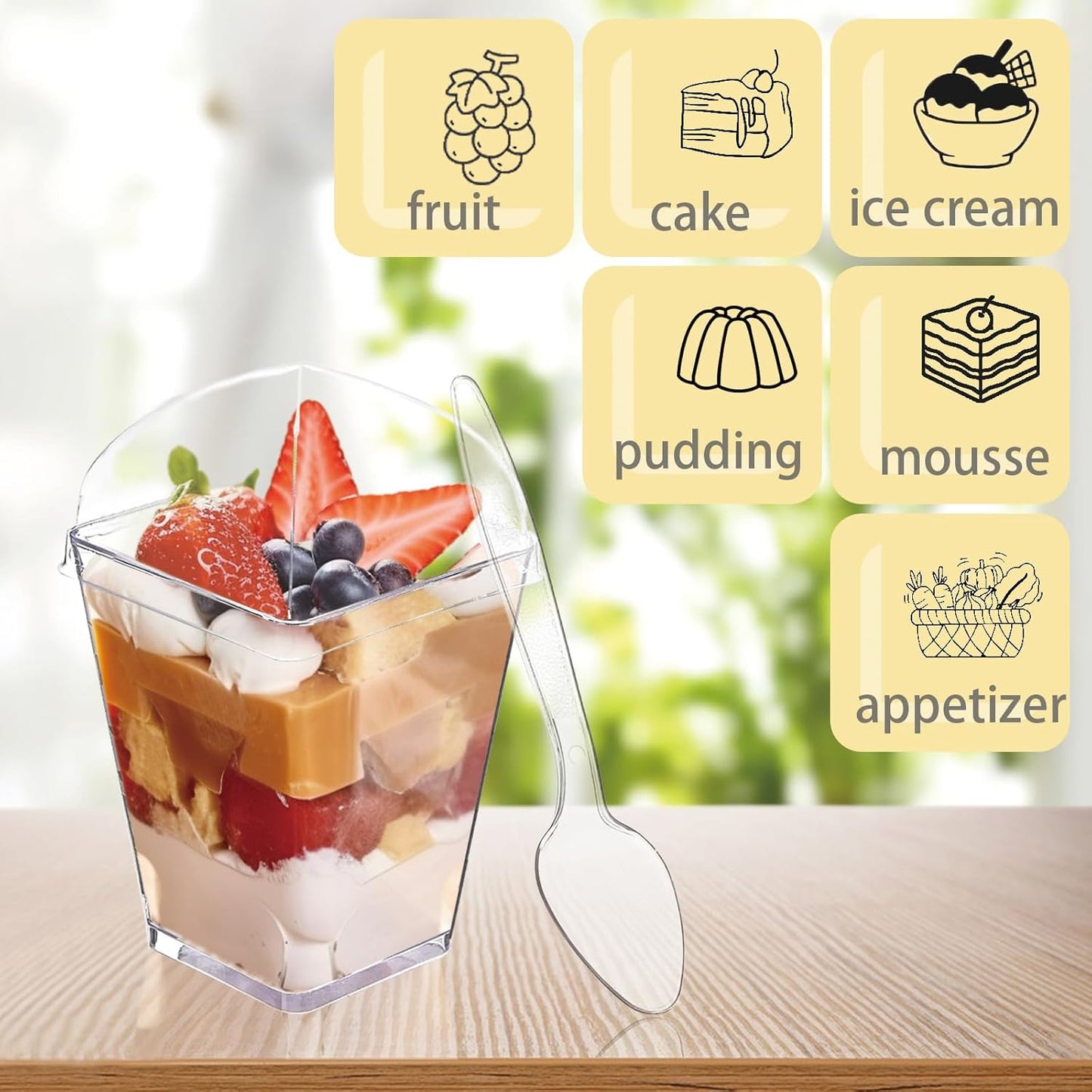 30Pack 5oz Plastic Dessert Cups with Lids and Spoons, Square Clear Parfait Appetizer Cups, Mini Reusable Shooter Serving Cups, Party Dessert Shot Glasses for Tasting