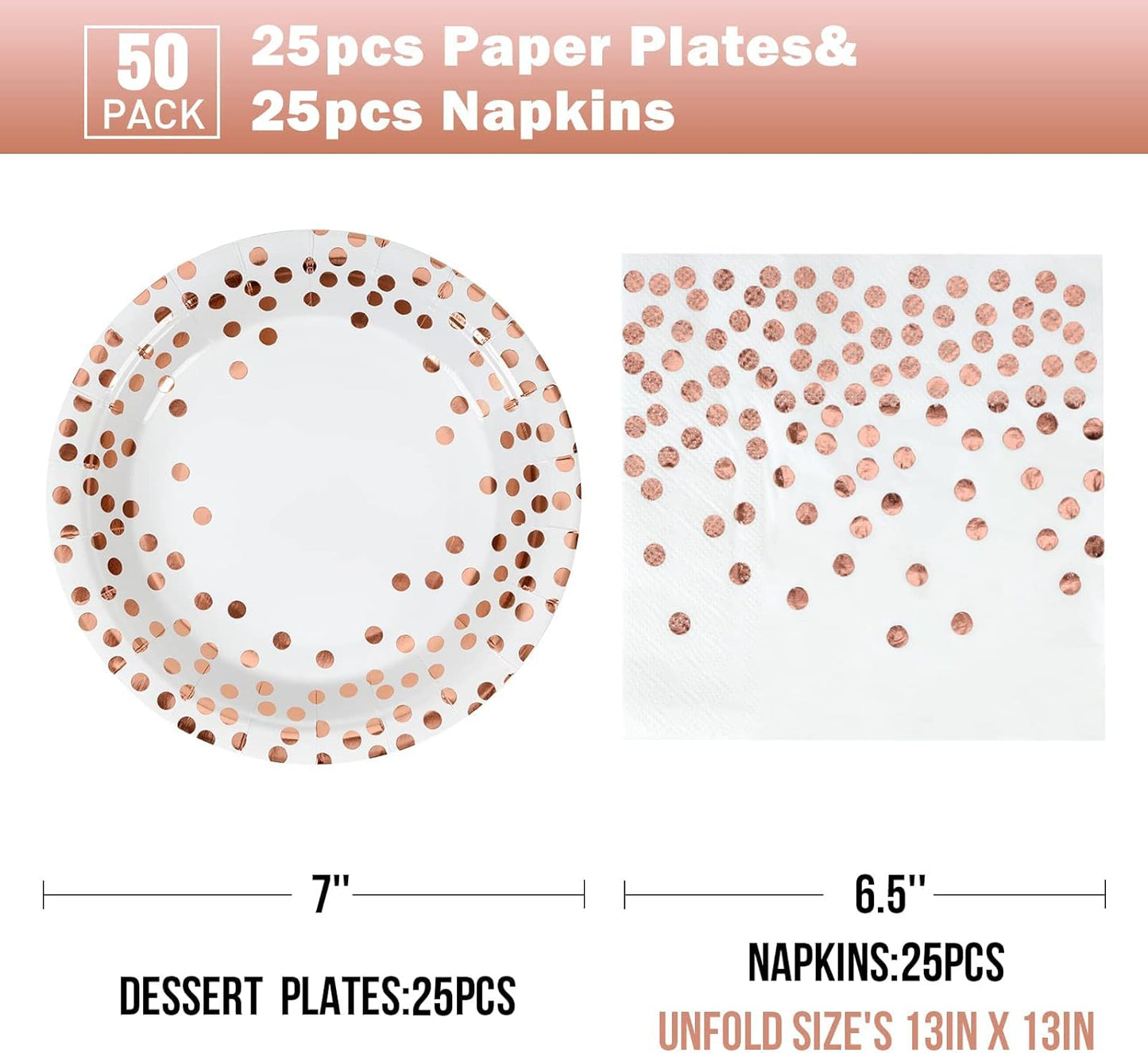 White and Rose Gold Paper Plates and Napkins-50 Pack-25 * 7inch Paper Plates & 25 * 6.5inch Napkins,Party Supplies for Birthdays Receptions and All Occasions