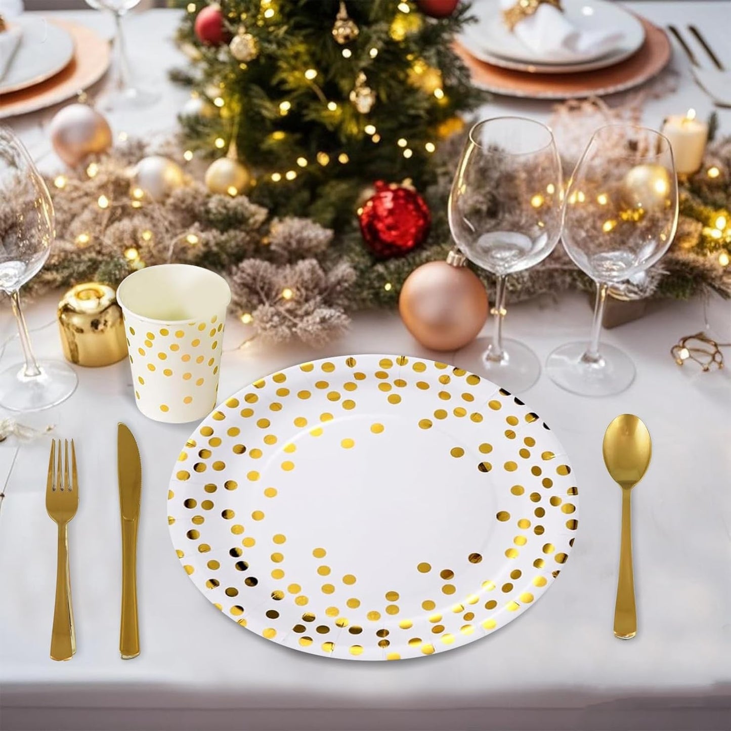 175pcs Premium White Gold Paper Plates Napkins Cups and Plastic Forks Kinves Spoons Party Supplies Set For 25 Guests