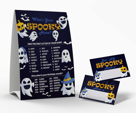 What's Your Spooky Name Game, 1 Spooky Theme Sign and 50 Name Tag Stickers, Halloween Party Games, Birthday Games for Adult Parties, Activity Game for Office or Group | JRKP010L
