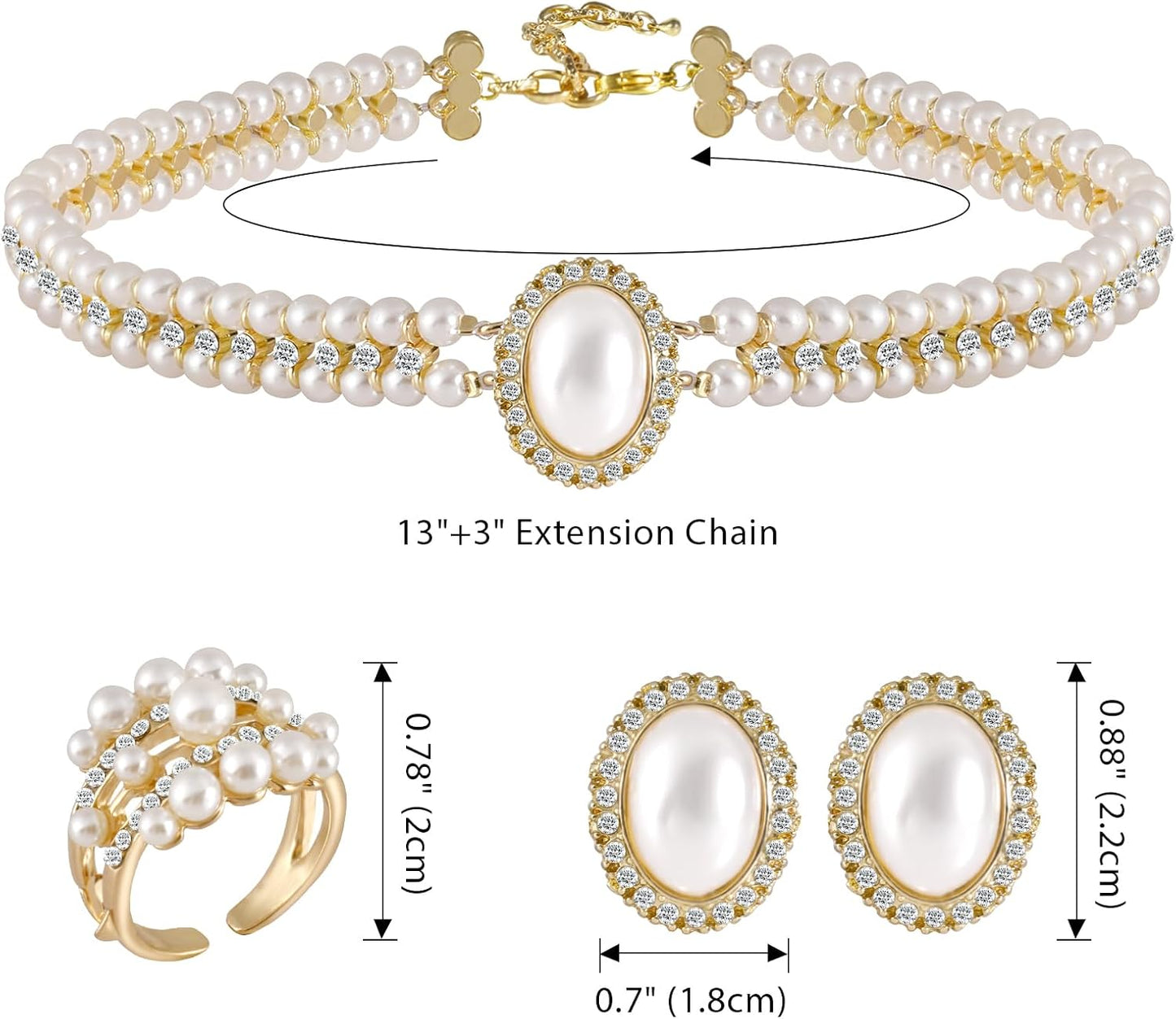 Pearl Jewelry Set for Women Faux Pearl Costume Jewelry Set with Necklace, Bracelets, Ring, Earrings for Wedding Bridal Birthday Tea Party