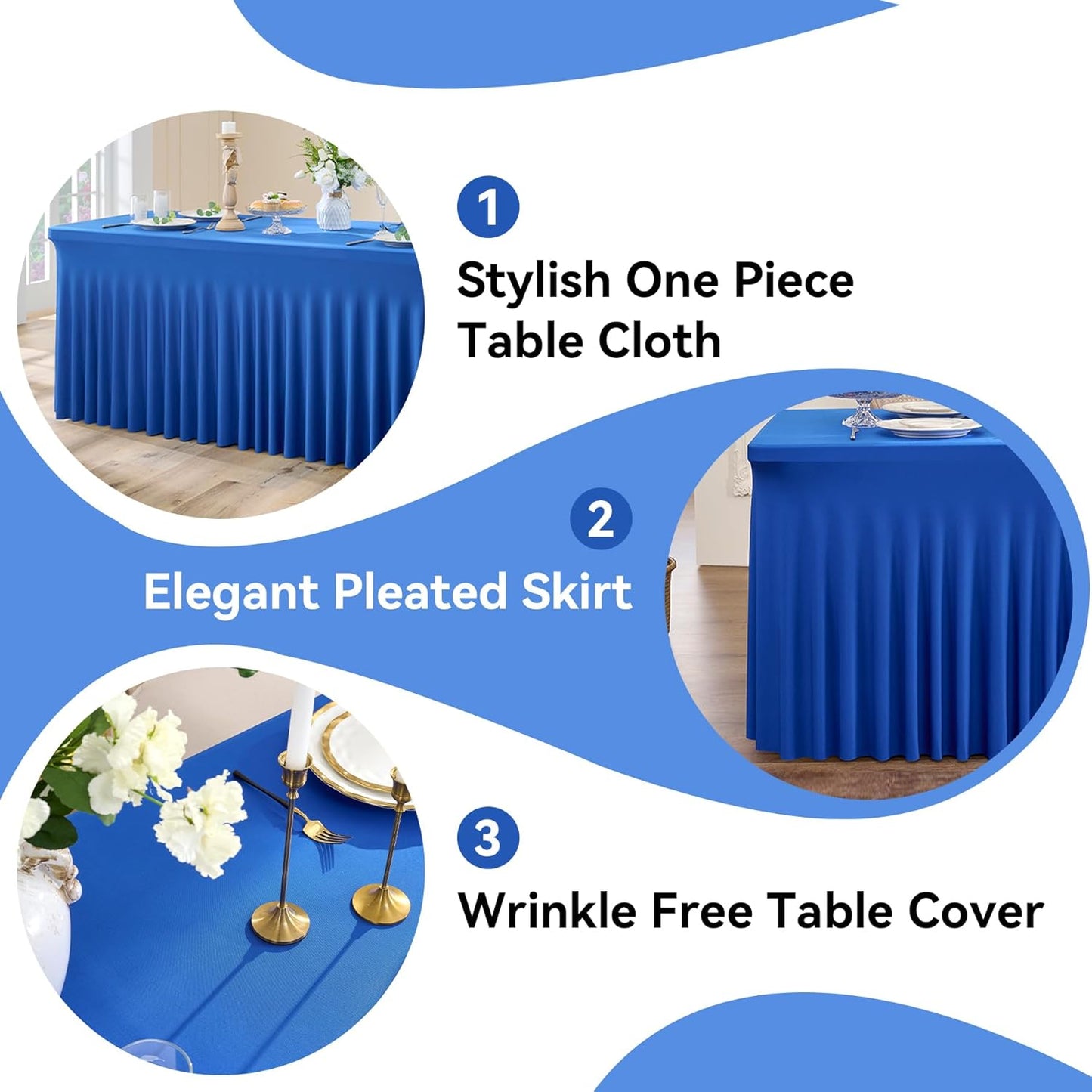 NSSONBEN 2 Pack Royal Blue Spandex Tablecloths 6ft, Wrinkle Free High Stretch Fitted Table Cloths for 6 Foot Rectangle Tables, Ruffle Skirt Spandex Table Covers 6ft for Party Wedding Banquet