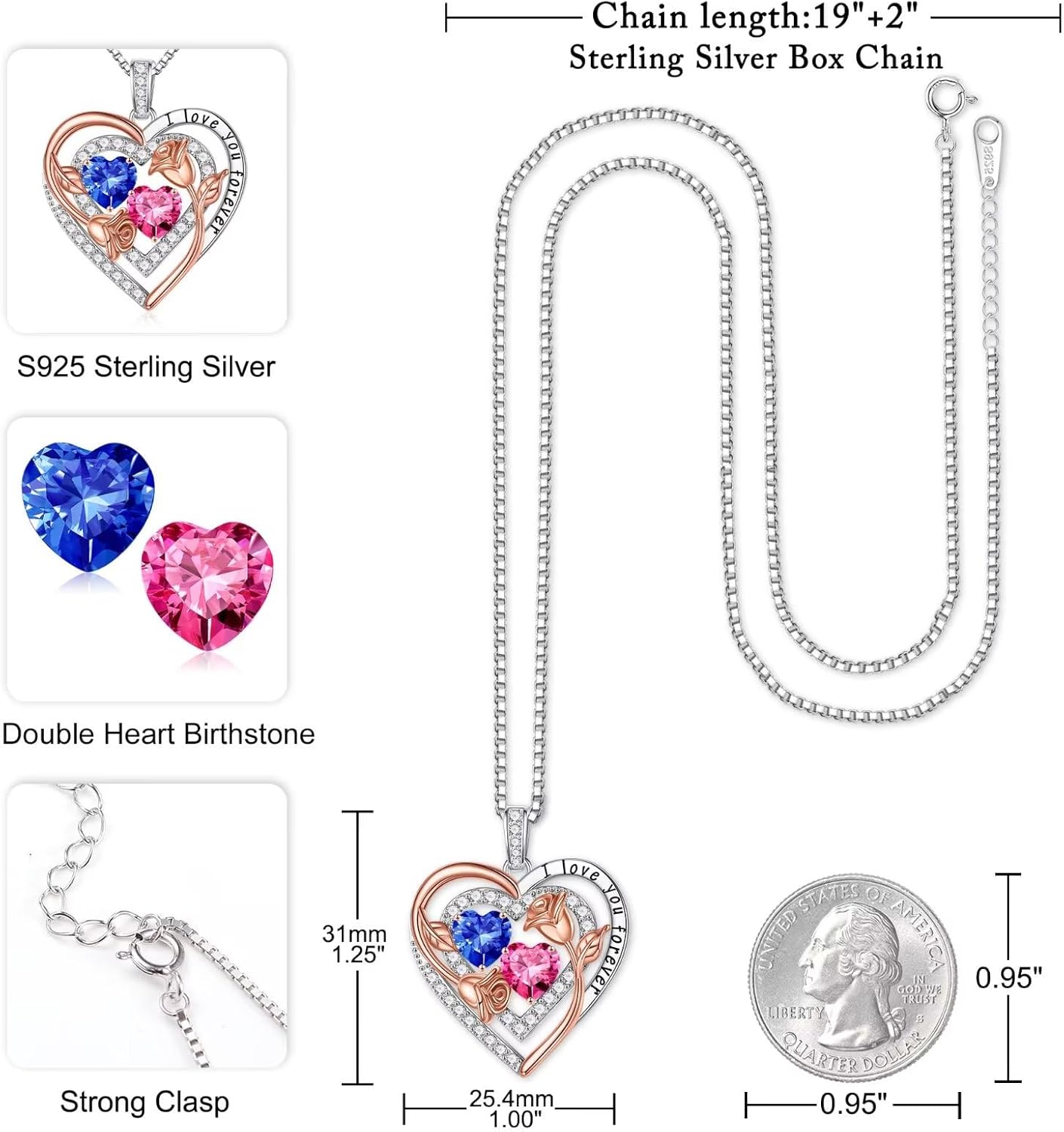 Iefil Birthstone Necklace for Women - Sterling Silver Birthstone Necklace Anniversary Birthday Gifts for Her Wife Mom Daughter