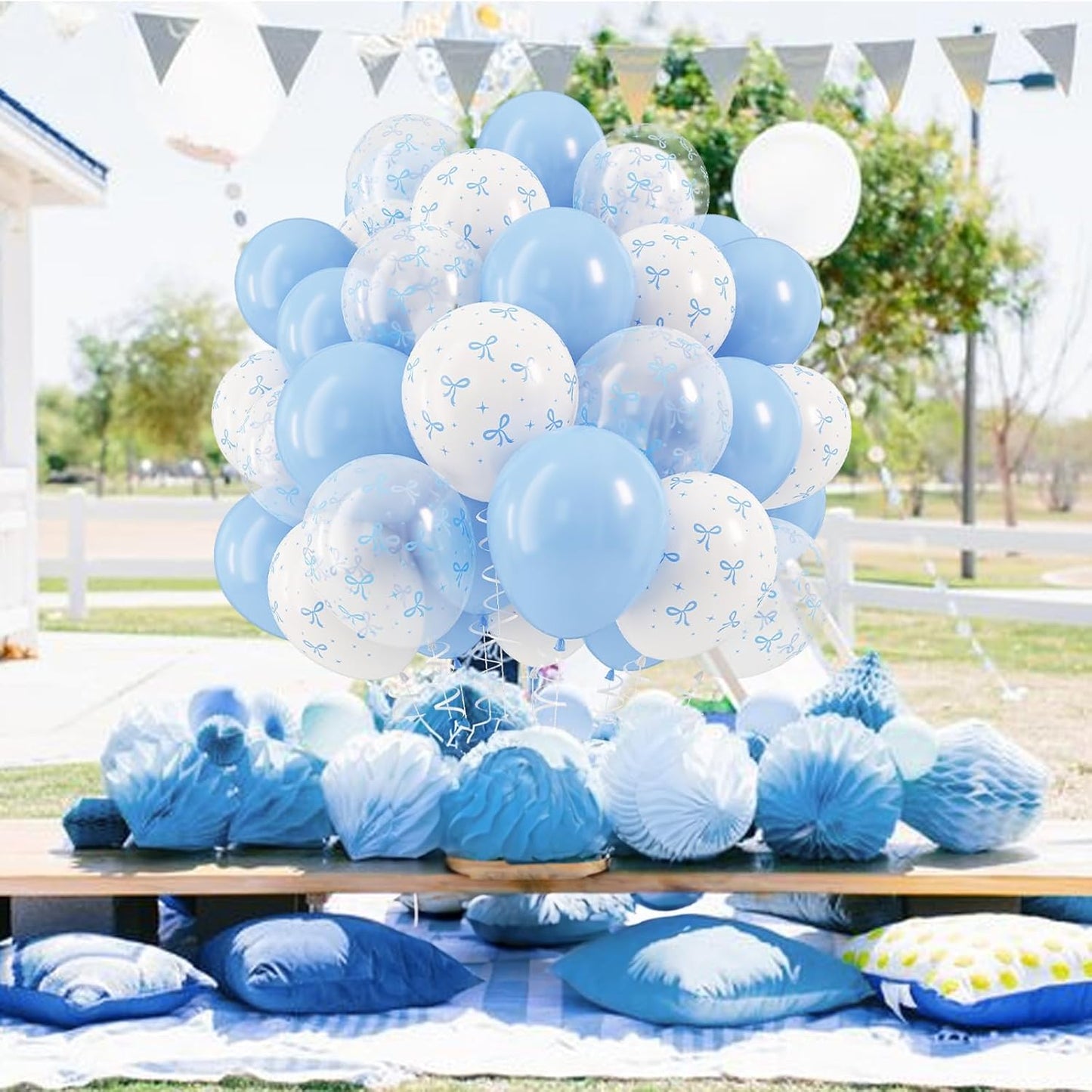 Blue Bow Balloons, 12 Inch Pastel Light Blue Transparent White Bow Print Coquette Balloon for Girls Birthday Bachelorette Party Bridal Baby Shower Wedding Anniversary Decorations Supplies