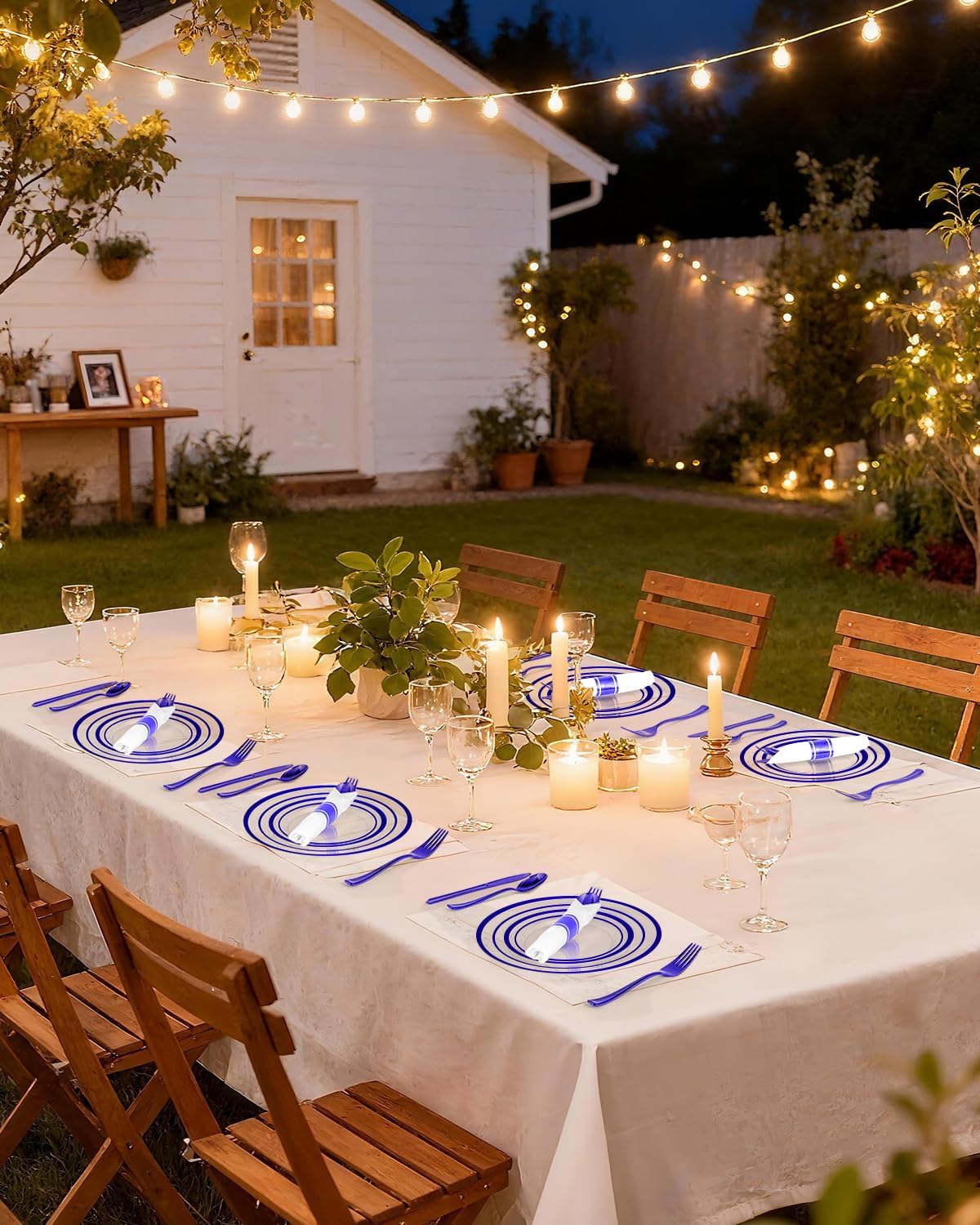 Goodluck 350 Piece Blue Plastic Plates, Clear Plastic Silverware Disposable Plates Set, Include 100Plates, 50Pack Pre Rolled Napkins with Silverware, 50Cups for Party, Wedding, Graduation