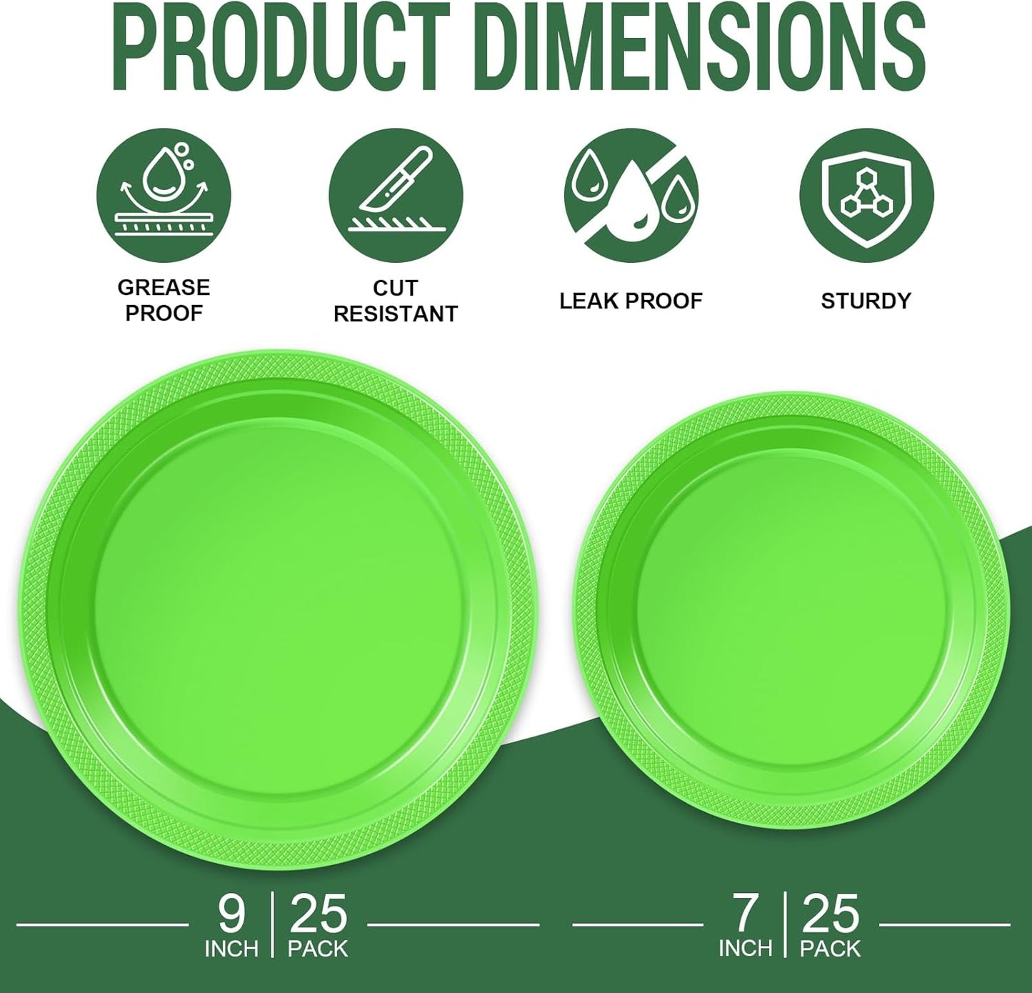 50 Lime Green Plastic Plates For Party, Includes 25-9" & 25-7" Cake Dessert Plastic Dinner Plates Disposable For Party Supplies