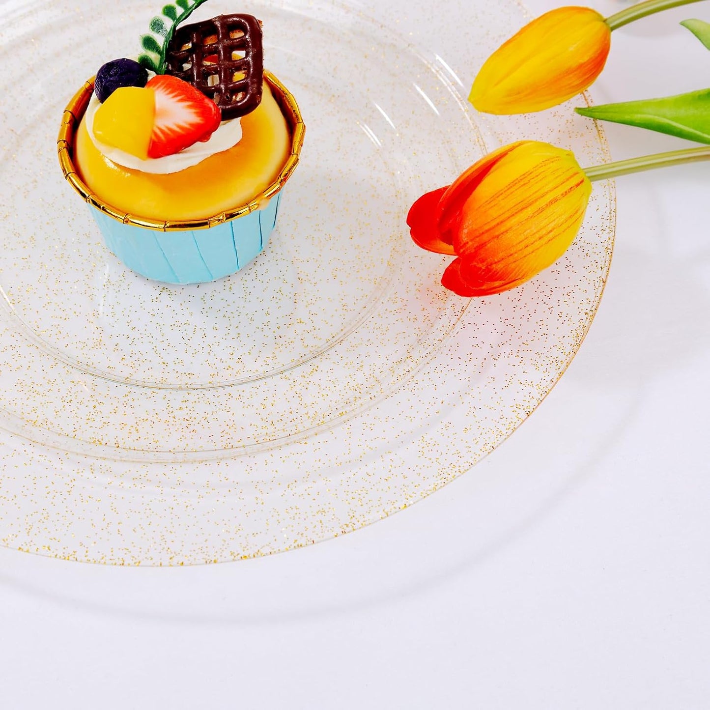 I00000 350 Pcs Gold Glitter Plastic Dinnerware Set for 50 Guests, Plastic Disposable Plates for Party, Include: 50 Dinner Plates,50 Dessert Plates,50 Paper Napkins, 50 Cups, 50 Silverware Set