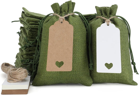 Tapleap Green Small Gift Bags with Drawstring - 30Pcs 4x6 Burlap Sacks for Wrapping Christmas or Thanksgiving Favors, Soap, Jewelry, Crosses Games, Marble Sets, For Small Business, Birthday, Wedding