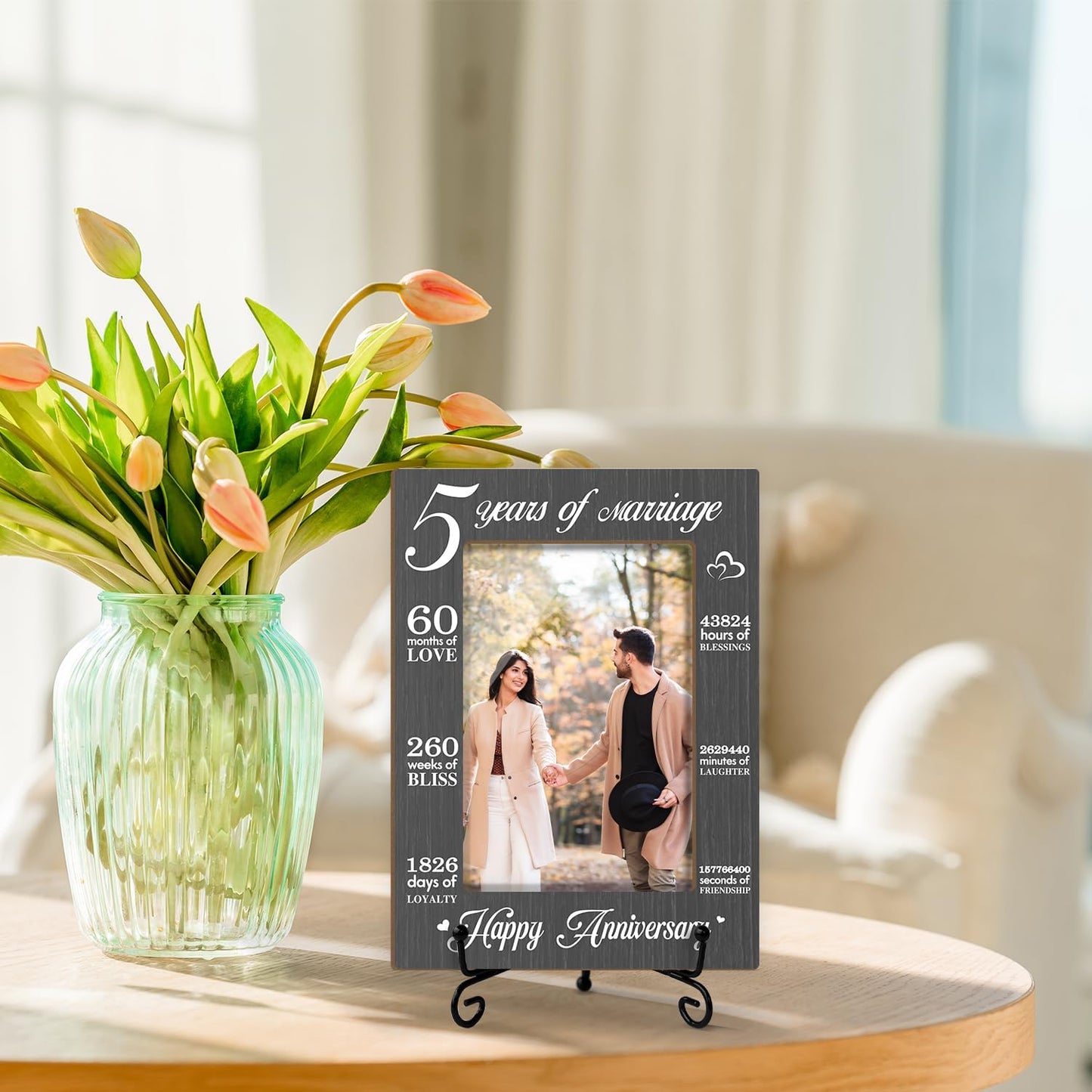 5 Years of Marriage Picture Frame, 5th Anniversary Wedding Valentines Gifts For Couple Husband Wife, 4x6 Wooden Picture Frame Tabletop Display Home Decor -02