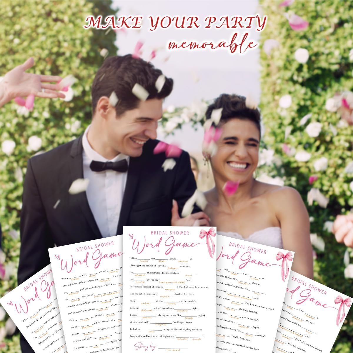 Wedding Shower Games Cards, Bridal Shower Word Game, Bridal Shower Games 25 Guests, Engagement Party Wedding Games for Guests, Pink Ribbon Bow Wedding Party Supplies - E16