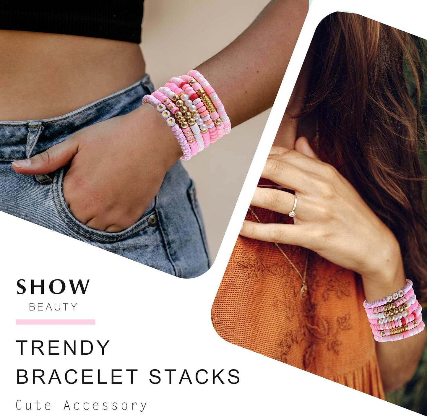 Friendship Bracelets Trendy Heishi Clay Bead Bracelets Stack Gold Beaded Stretch Bracelets for Women Boho Stackable Bracelets Bulk Cute Preppy Jewelry