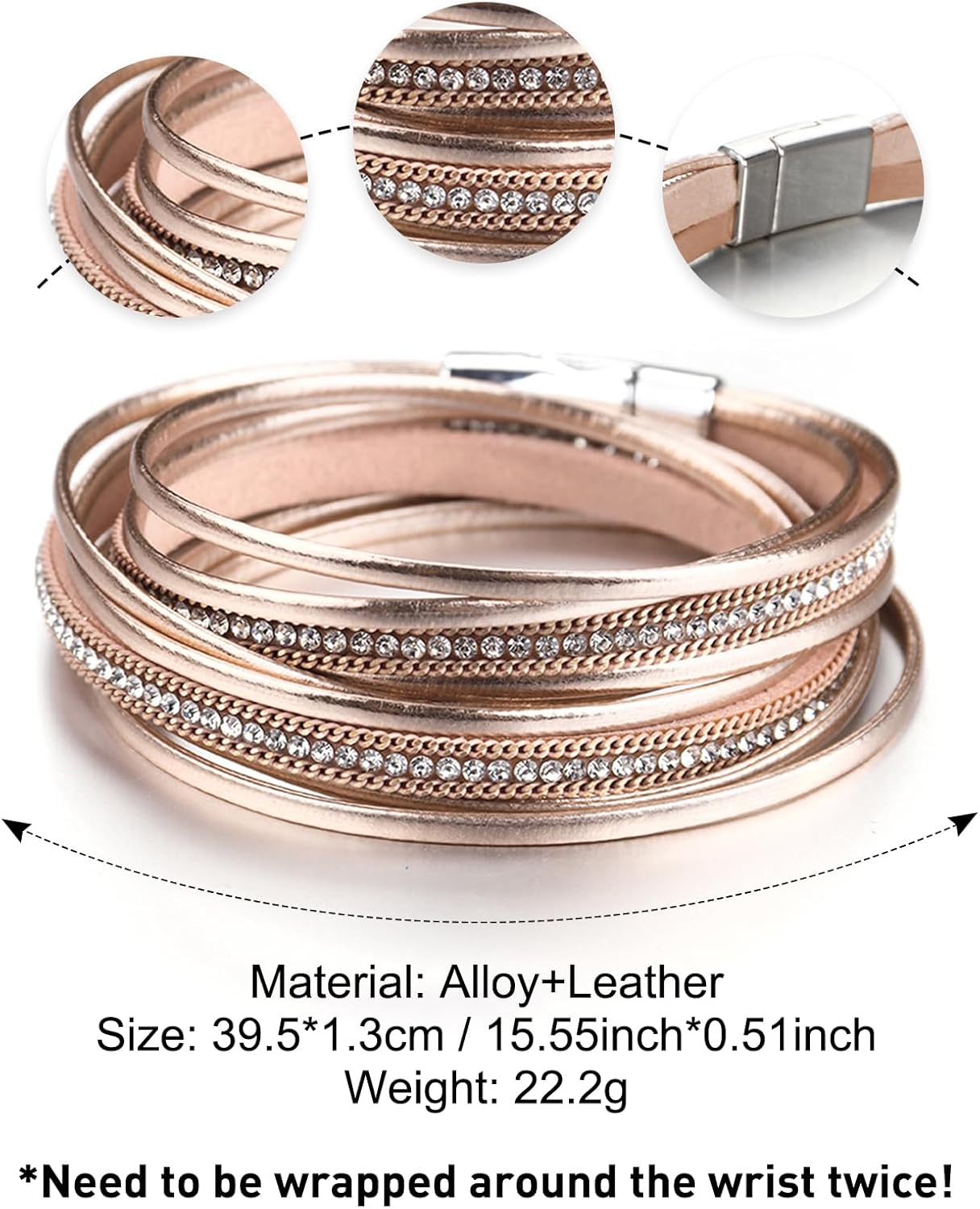 Fesciory Leather Wrap Bracelets for Women, Boho Leopard Multi-Layer Crystal Beads Cuff Bracelet Jewelry