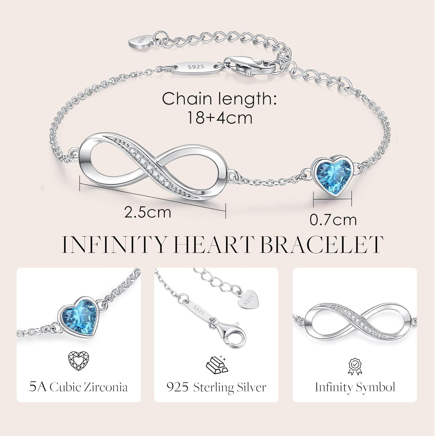 CDE Infinity Heart Birthstone Charm Link Bracelet for Women 925 Sterling Silver Adjustable Mother's Day Christmas Day Gift Anniversary Birthday Jewelry for Wife Girlfriend Her