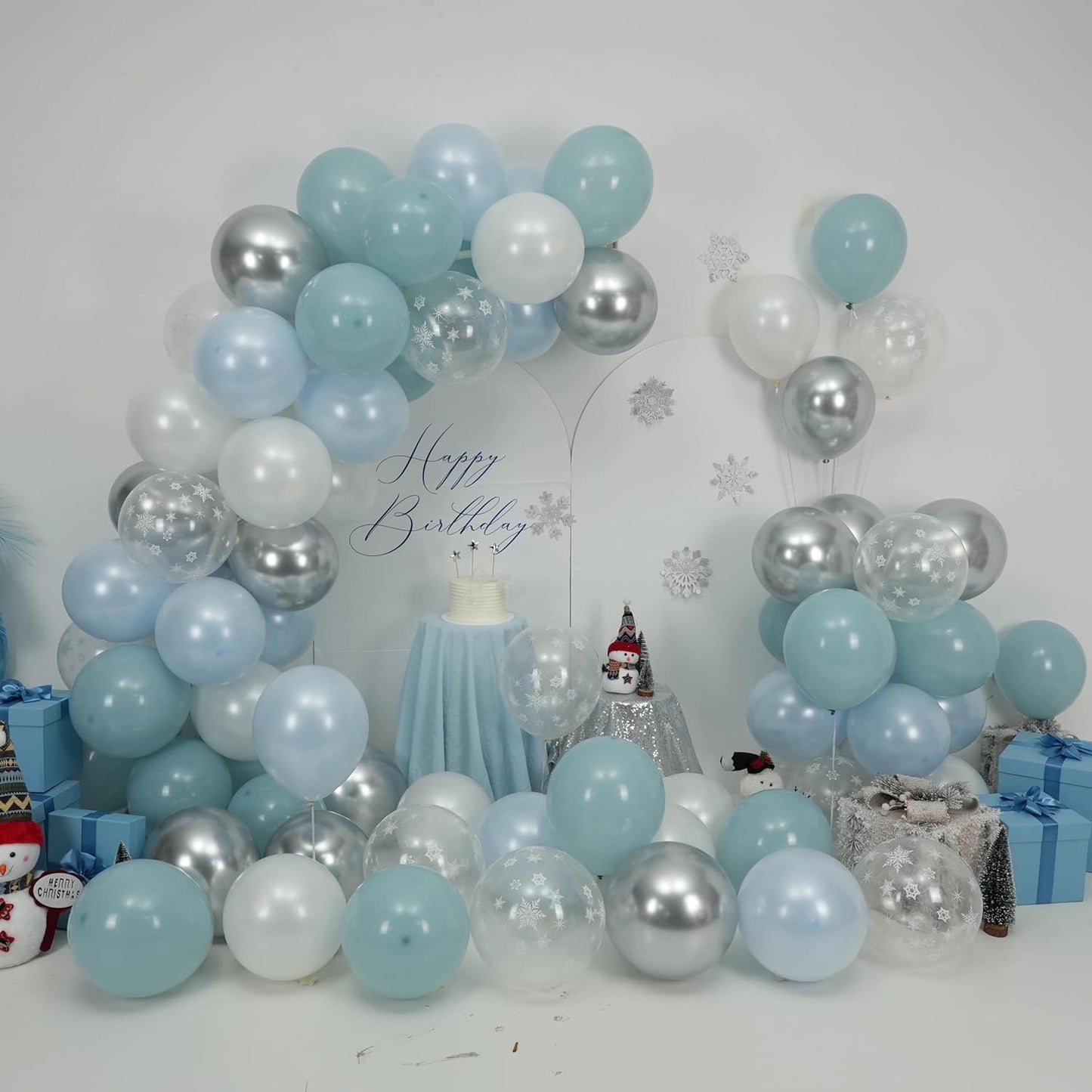 Blue and White Balloons, 12 Inch Snowflake Double Stuffed Dusty Pastel Light Baby Blue Pearl White Silver Clear Latex Balloons for Winter Wonderland Christmas Snow Baby Shower Birthday Party Decor