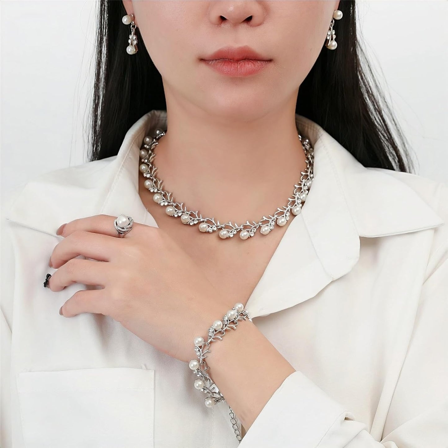 la luen Pearl Bride Wedding Jewelry Set Faux Pearls Crystal Rhinestone Necklace Earrings Bracelet Sets for Women Bridesmaid(3 PCS)