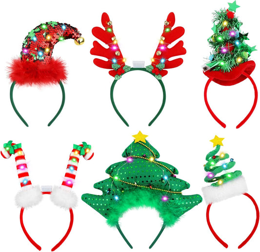 Aneco 6 Pack LED Christmas Headbands Assorted Christmas Tree Candy Canes Elf Hats Headwear Antler Costume Hair Hoop for Christmas Costume Accessory Party Favors