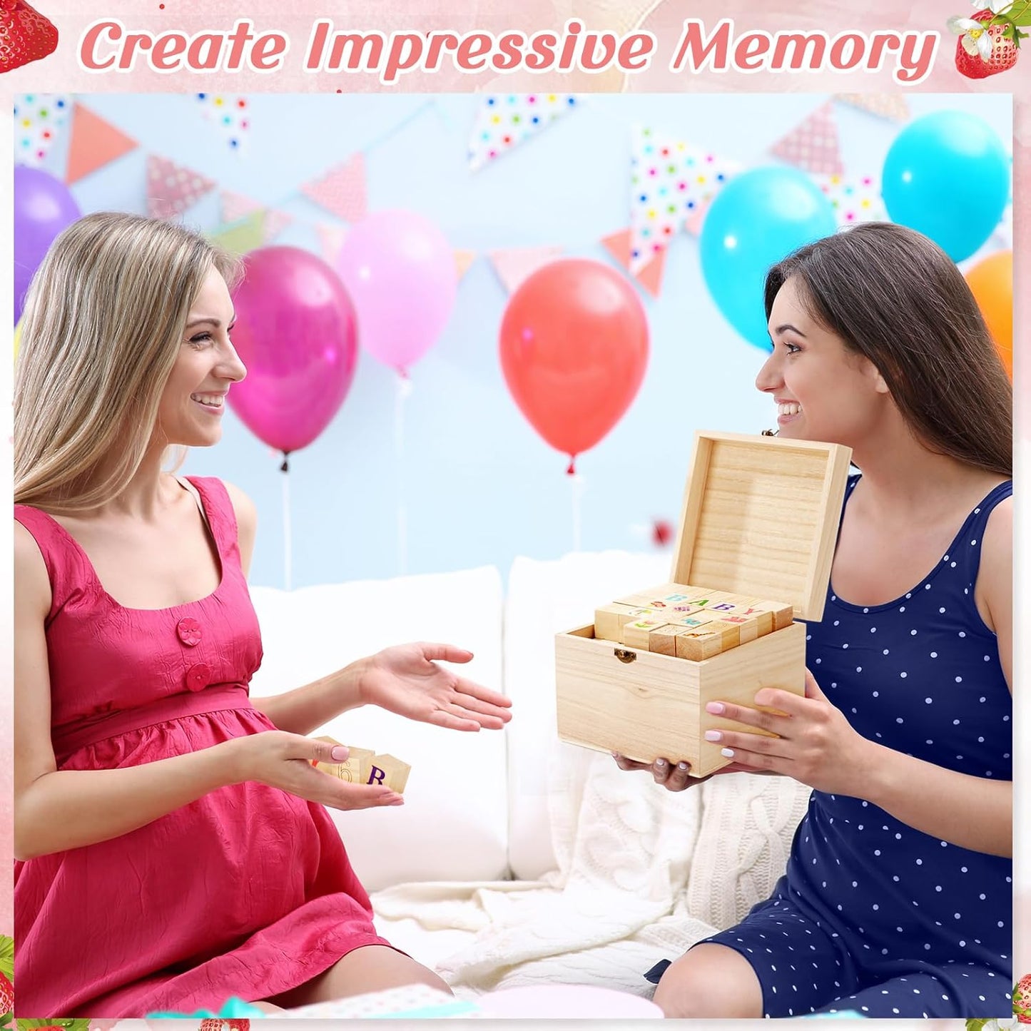 Marsui 136 Pcs Baby Shower Blocks to Decorate Game Kit Includes 98 Wooden Blocks, 36 Markers, 1 Game Sign, 1 Storage Box for Baby Shower Gender Reveal Activity Party Decorations(Strawberry)