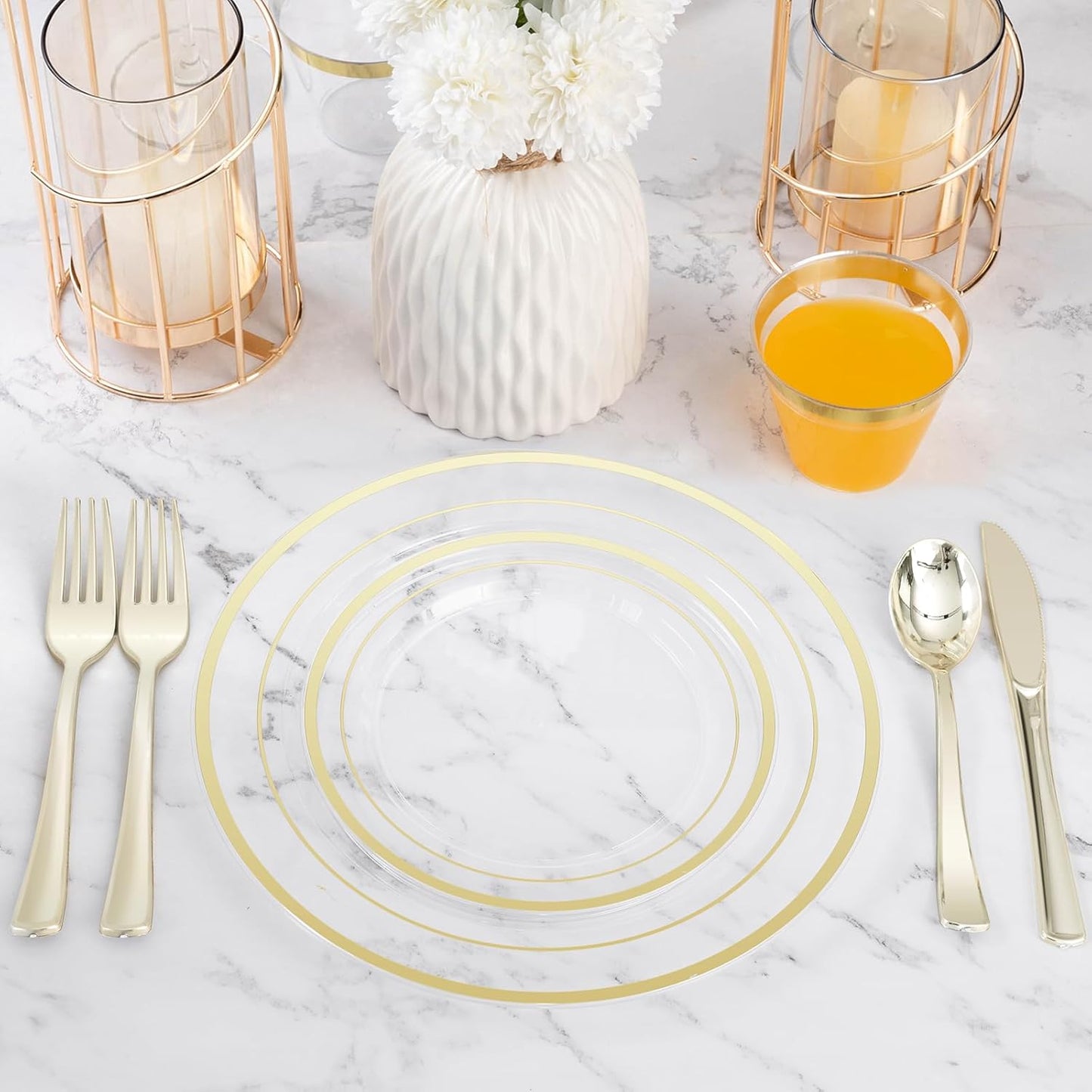 BESTVIP 300PCS Clear Gold Plastic Plate Set (50 Guests), Disposable Dinnerware Set for Party, Wedding, Birthday - 100 Plates, 100 Forks, 50 Spoons, 50 Knives for Christmas, Thanksgiving