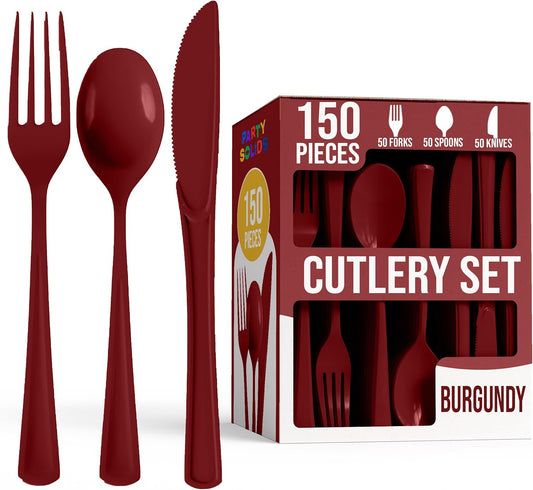 Party Solids Burgundy Plastic Silverware Heavy Duty 150 Pieces Burgundy Plastic Cutlery Sets, Utensil Sets, 50 Of Each Forks, Knives & Spoons Disposable Cutlery Set, Flatware Set For Party Supplies