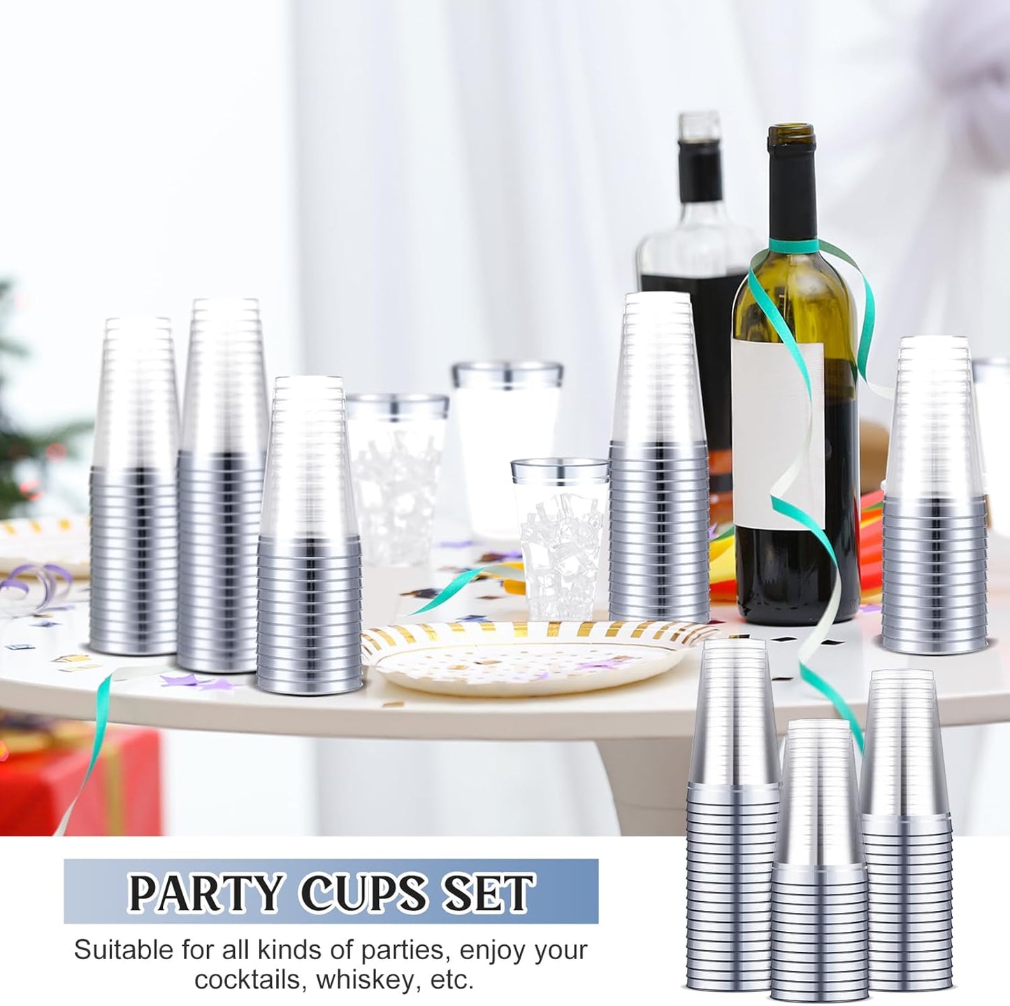 Sliner 50 Pcs Hard Plastic Cups Double Rimmed Plastic Cups Heavy Duty Fancy Disposable Wine Glasses for Holiday Wedding Graduation Birthdays Christmas Valentine Parties(16 Oz,Silver)