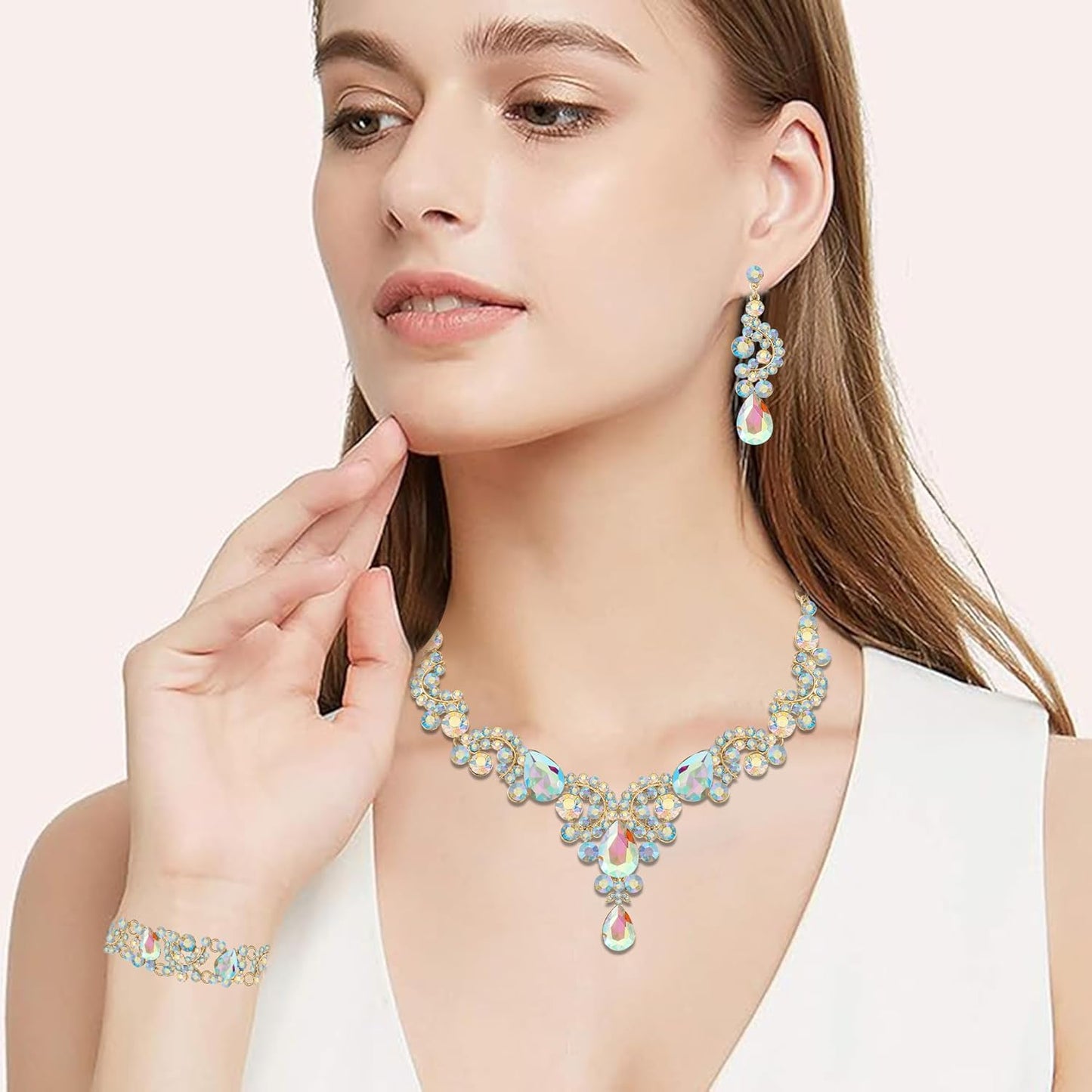 Crystal Bridal Wedding Jewelry Sets for Women Rhinestone Teardrop Crystal Statement Choker Necklace Drop Earrings Link Bracelets Rings Teardrop Jewelry Set for Brides Bridesmaids