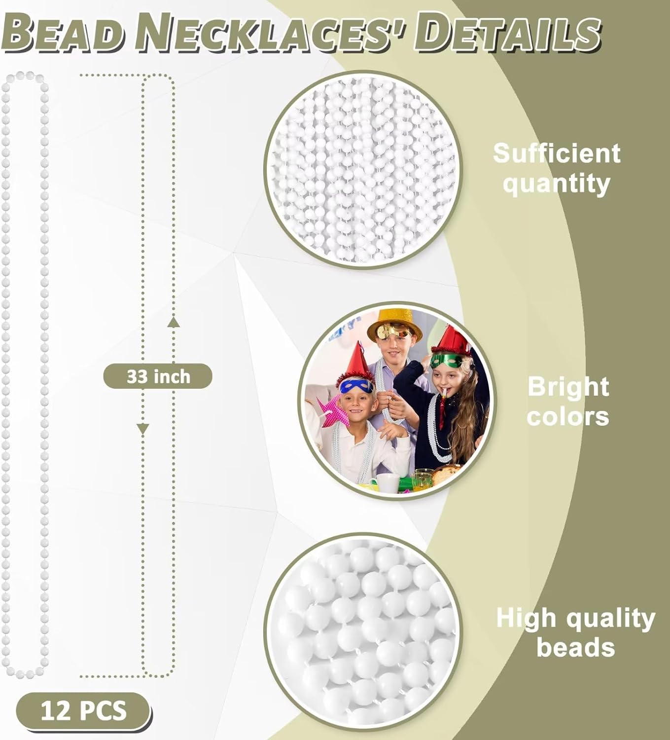 Mardi Gras Beads Bulk, 12PCS White Beaded Necklace Costumes Party Favors, 33" Mardi Gras Beads Accessory Sets, Festival Parade Throw Accessories for Wedding Birthday Celebrations Decorations