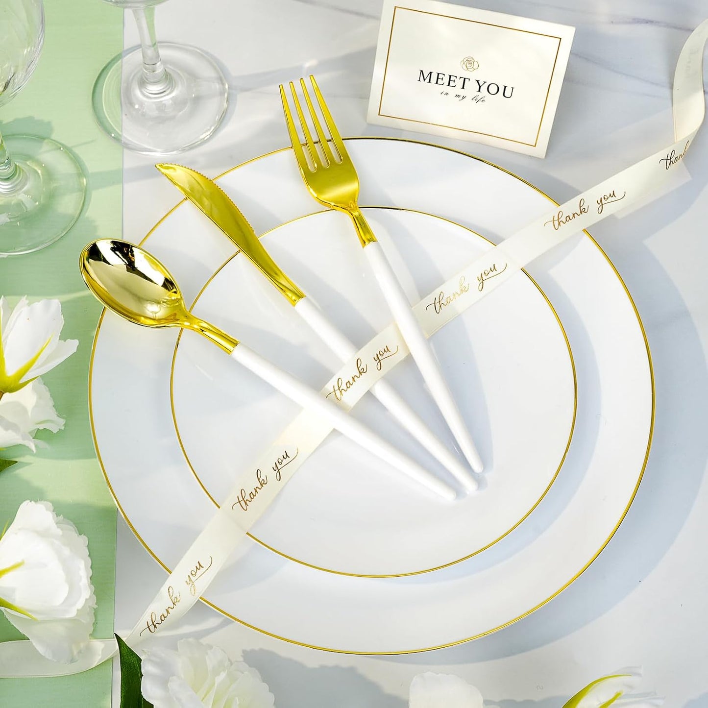 350 Pieces White Gold Plastic Dinnerware Set, Gold Disposable Plates for Party, Graduation, Include 100 White Plates with 150 Plastic Cutlery, 50 Napkins and 50 Cups