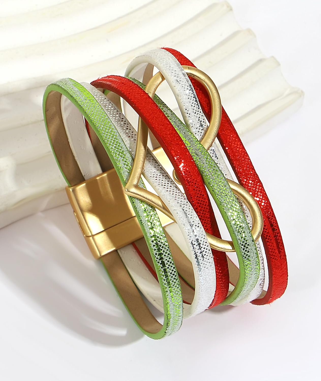 Leather Wrap Bracelet for Women Beaded Cuff Bracelet with Heart-shape Decor Bohemian Crystal Bracelet Jewelry with Clasp Bangle Bracelet for Women Girls Birthday Holiday Gift