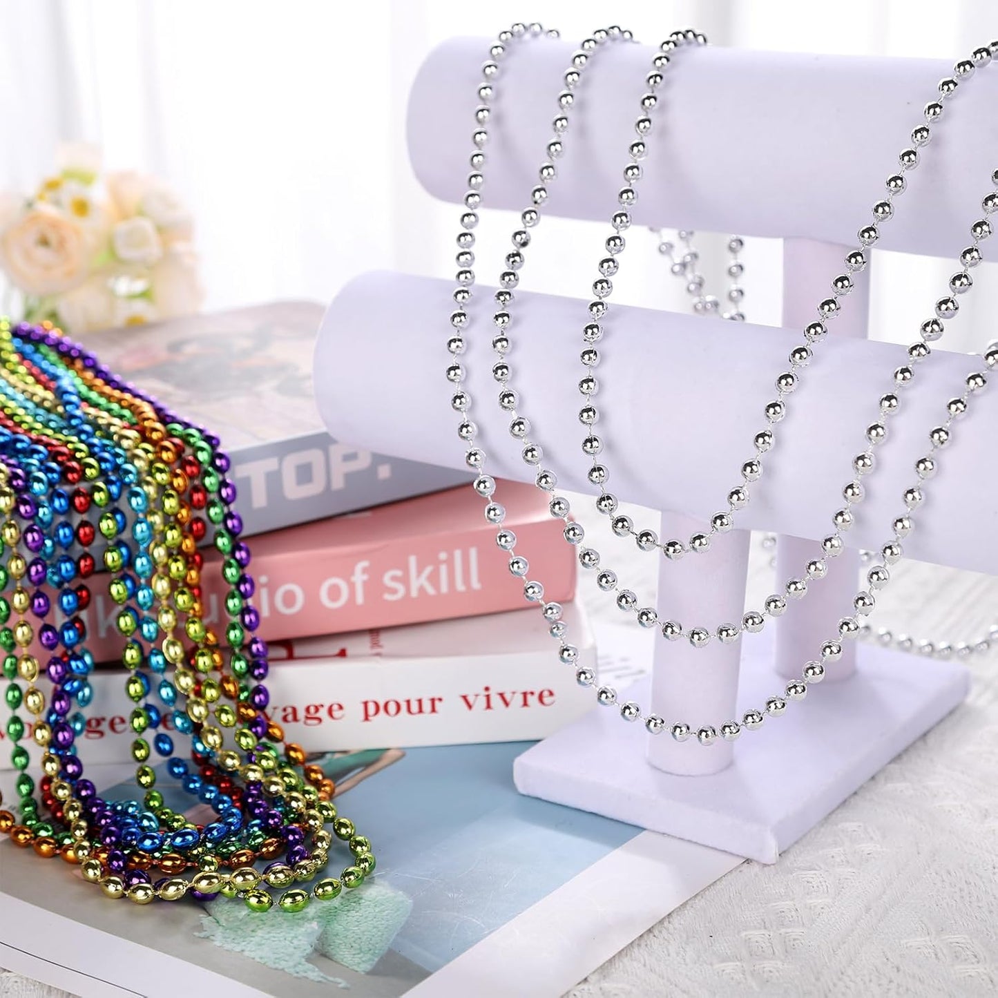 48 Pack Mardi Gras Beads Necklaces, 33 Inch Plastic Beads for Party Favors, Festival Decorations, Parade Throws, Christmas, St. Patrick's Day Celebrations